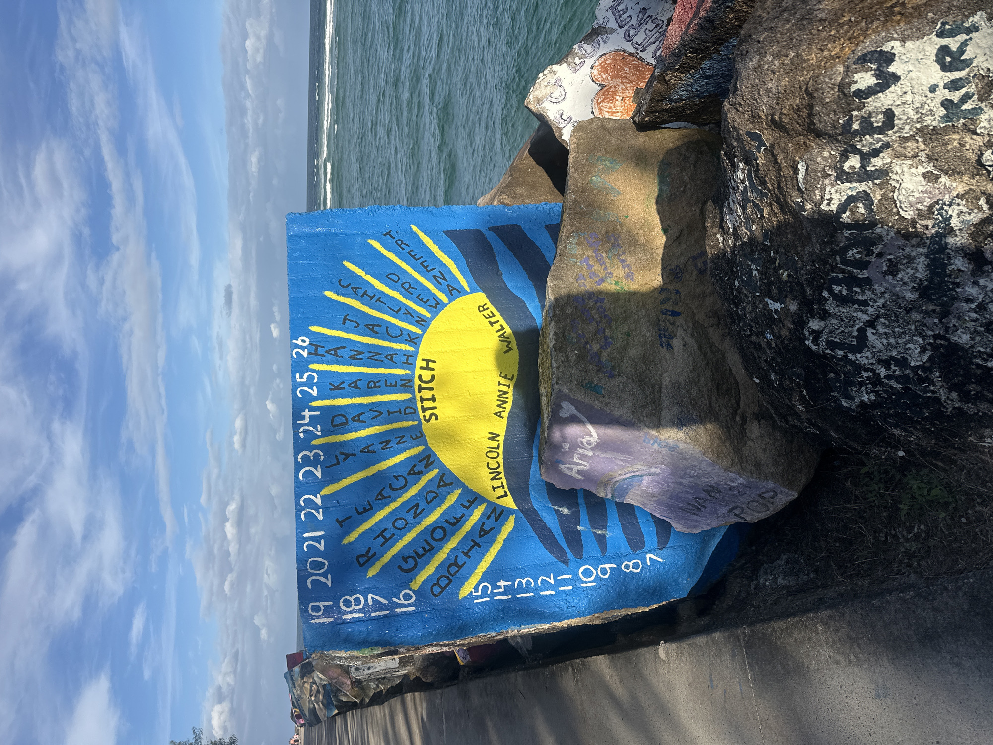 The image depicts a bright blue concrete block painted with a yellow sun and radiating rays, adorned with names and numbers. The block is situated outdoors on a rocky shoreline, likely part of the Nambucca Headland, Nambucca Heads, Australia, given the context of similar artworks. The artwork on the block features numbers from 7 to 26 arranged vertically on the left and horizontally across the top. Yellow rays emanate from the sun, each containing a name. Visible names include "STITCH," "LINCOLN," "ANNIE," "WALTER," "TREEMAN," "CAMILLA," "CHLOE," "RHONA," "BRIAN," "LYANNE," "DAVID," and "KAREN." Other names like "ARIA" and "POP" are painted on rocks in the foreground. The environment shows a body of water with waves, a clear blue sky with scattered clouds, and a concrete pathway leading to the shoreline. The rocks are weathered and some have graffiti. The overall scene is a public art installation likely in a coastal recreational area.