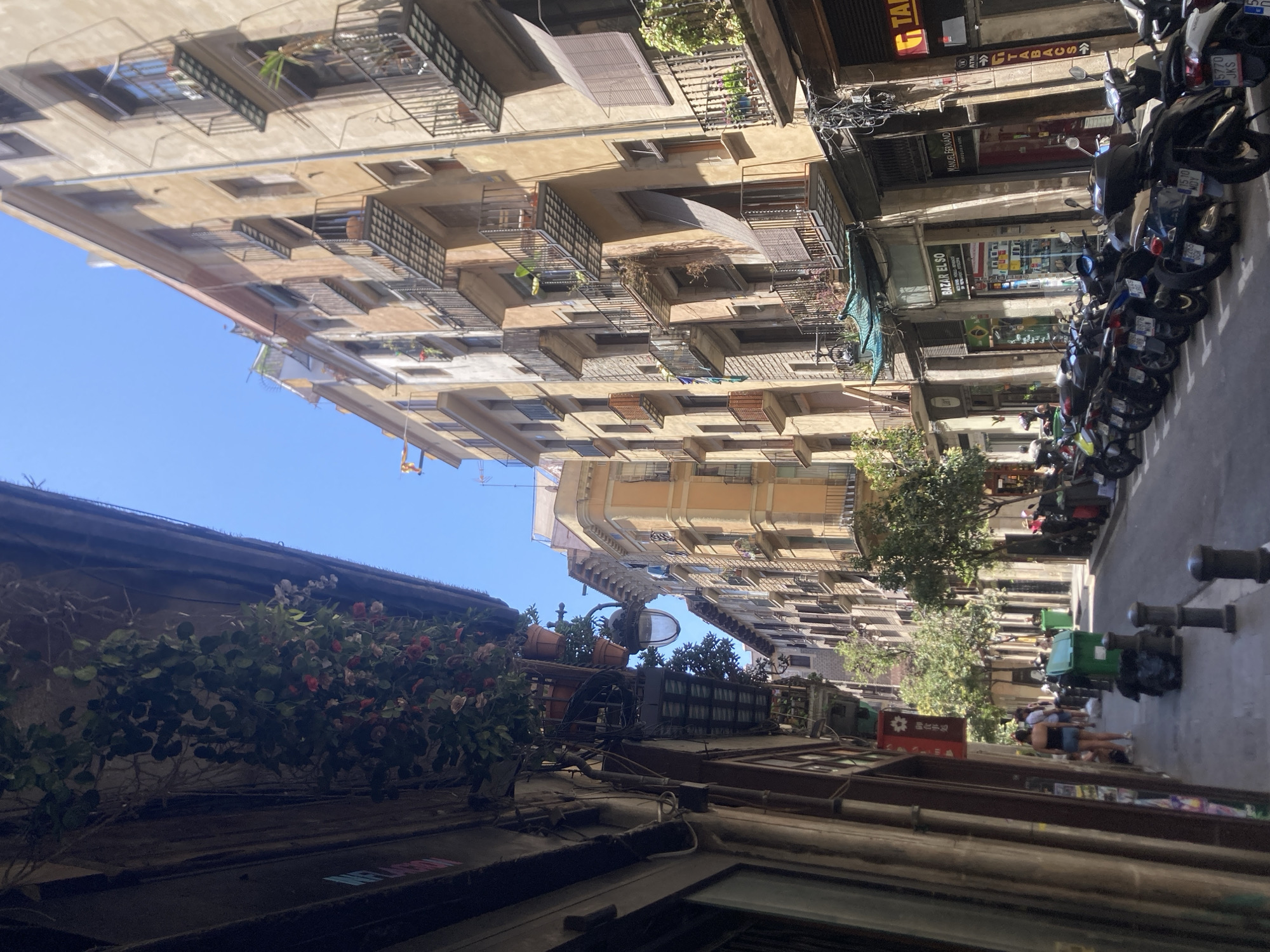 This image depicts a street scene in Barcelona, Spain, likely on a sunny day. The perspective is tilted, looking up at the multi-story buildings lining a narrow street. The architecture features balconies with ornate metal railings, many adorned with potted plants and greenery. Some balconies have awnings, suggesting the presence of shops or apartments below.
A row of parked motorcycles and scooters is visible along the right side of the street, indicating a common mode of transportation. Green garbage bins are also placed along the sidewalk. A few people are walking in the distance, appearing relaxed.
Visible text in the image includes signs such as "GTABACS," "BAZAR EL SO," and "MANUEL FERNÁND." There is also text in what appears to be Japanese characters on a red sign. The overall impression is of a vibrant urban environment with a mix of residential and commercial spaces. The bright sunlight and clear blue sky suggest pleasant weather.