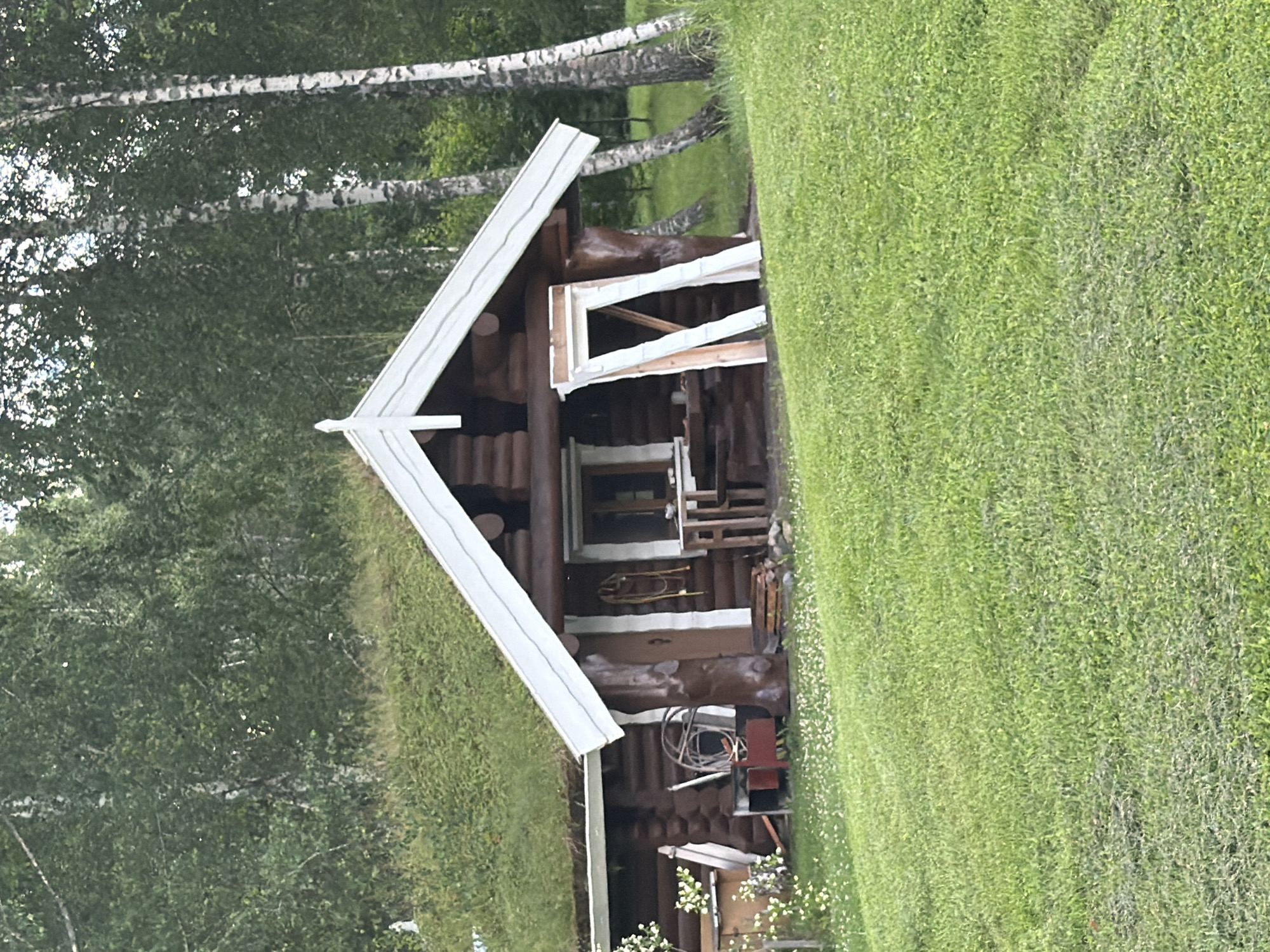 The image depicts a rustic log cabin with a living green roof, nestled within a natural environment. The cabin is constructed from dark logs, featuring a white-trimmed gable roof. To the left of the cabin's entrance, there is an open doorway with white trim pieces leaning against it. Various objects are visible around the cabin, including what appears to be a table and chairs in front of a window, a red cart, and a coiled hose or rope. The cabin is situated on a grassy slope, with a backdrop of lush green trees, including several birch trees with distinctive white bark. The ground in front of the cabin is covered with grass and small white wildflowers. The overall scene suggests a tranquil, possibly rural or wilderness setting. The location is identified as Mežpļavas, Latvia.