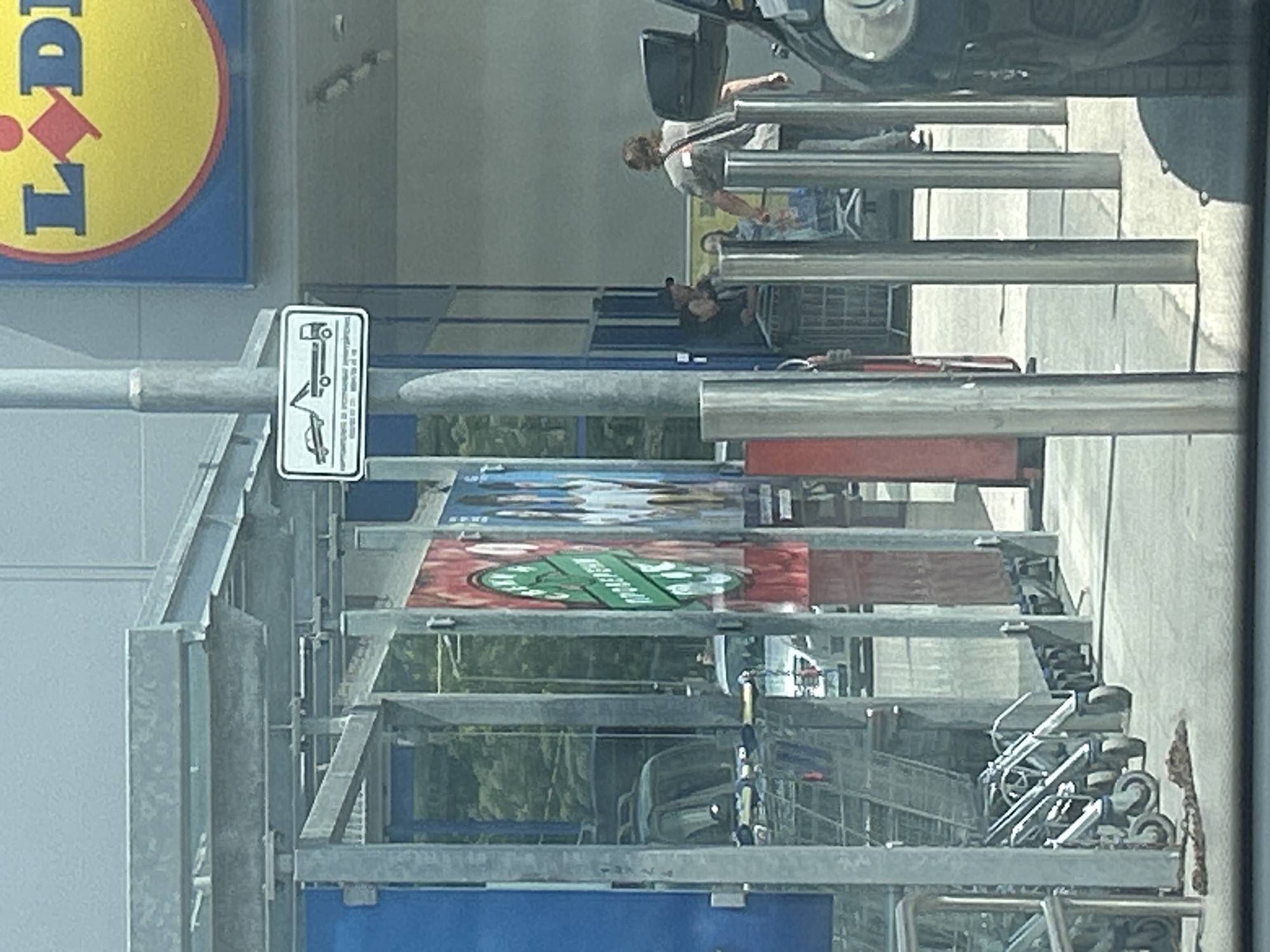The image shows a scene outside a Lidl supermarket in Plovdiv, Bulgaria. In the foreground, several shopping carts are lined up under a metal canopy. A sign with a tow truck icon is visible on a pole. In the background, a man with long hair is walking away from the camera, and another person is partially visible behind him. The Lidl logo is prominently displayed on the building. The environment appears to be a sunny day in an urban setting.