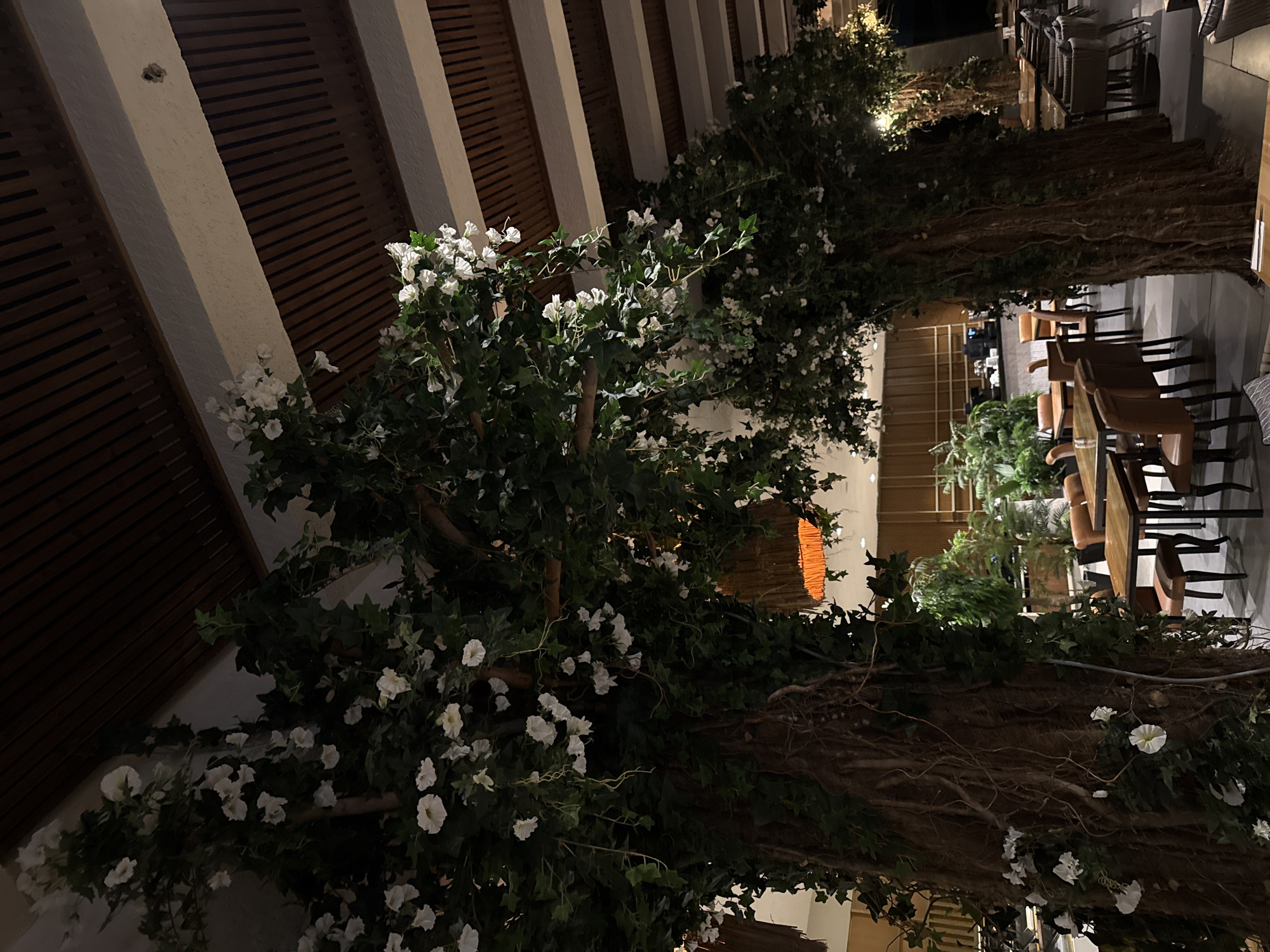 The image depicts the interior of a restaurant in Bodrum, Turkey, characterized by a rustic and nature-inspired ambiance. The foreground is dominated by two large, artificial tree structures covered in lush green foliage and adorned with white flowers, creating an archway. The trees have textured, brown bark and appear to be a central decorative element. Beyond the trees, several tables with brown leather chairs are visible, arranged in a dining setting. In the background, additional tables and chairs are set up, and a counter area with what appears to be kitchen equipment can be seen. The ceiling features a wooden slat design interspersed with white beams. The lighting is dim, contributing to a warm and intimate atmosphere. No people are present in the image.