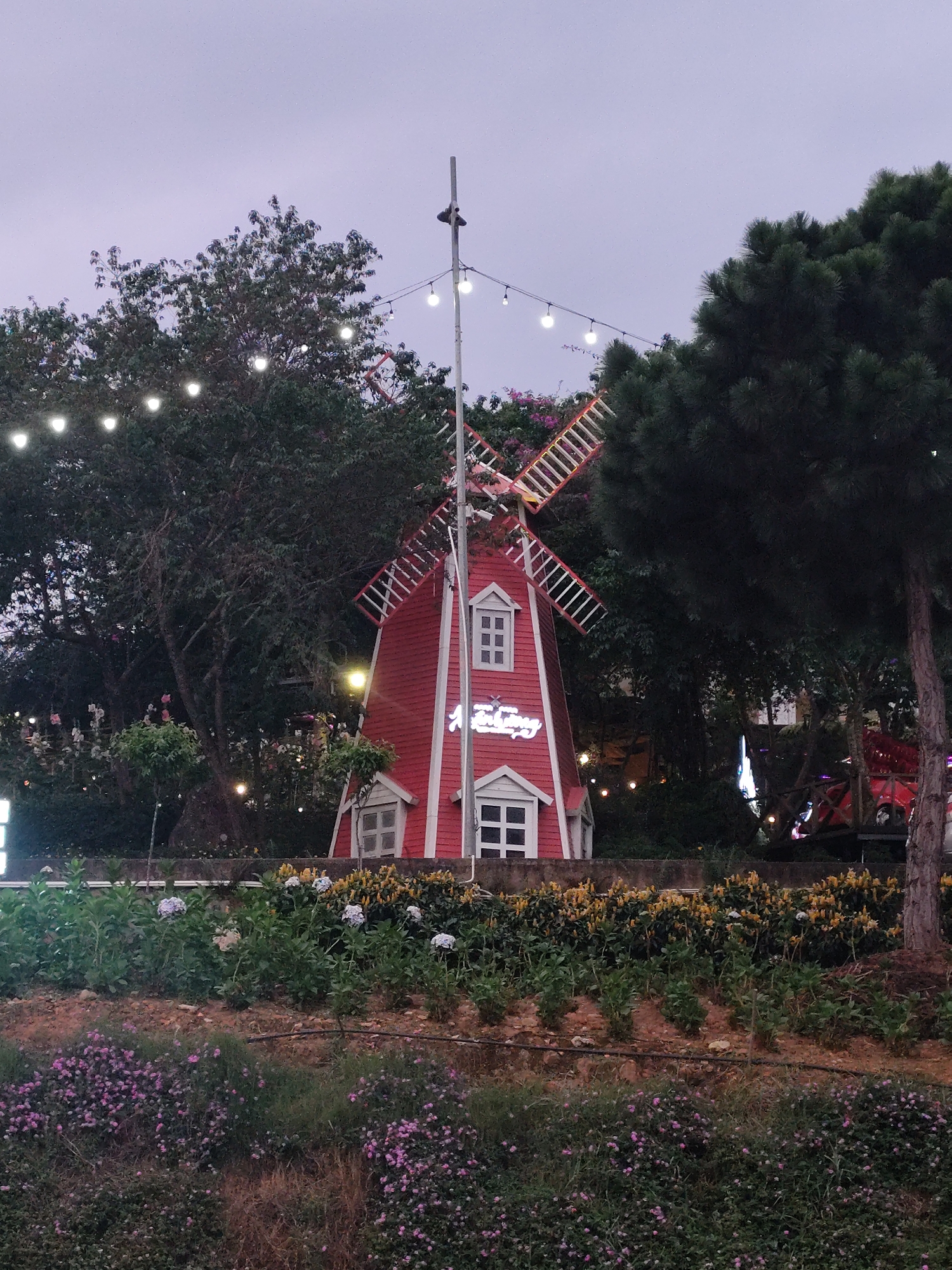 The image presents a whimsical, garden-like scene captured at dusk or early evening in Da Lat, Vietnam. The central subject is a decorative red windmill structure, featuring white trim, white-framed windows, and white blades. On its side, stylized white text is visible, which appears to read "Hoa Đồng" on the upper line and "My Darling" on the lower line, suggesting a themed establishment or attraction.
The windmill is nestled amidst rich, dark green foliage, including tall trees that frame the scene on both sides. String lights with bright, glowing bulbs are strung across the upper part of the image, adding a magical and inviting ambiance. The sky above is a soft, muted purple-grey, indicative of twilight.
In the foreground, a landscaped bank rises, featuring layers of flowering plants. The lowest layer is covered with small pink or purple blossoms, followed by patches of larger white or light blue flowers, and topped with bushes bearing yellow or orange blooms. A rustic wall or barrier runs behind these flower beds. No people are visible, contributing to a tranquil and serene atmosphere. The overall setting evokes a sense of peace and charm, characteristic of a picturesque garden or themed park.