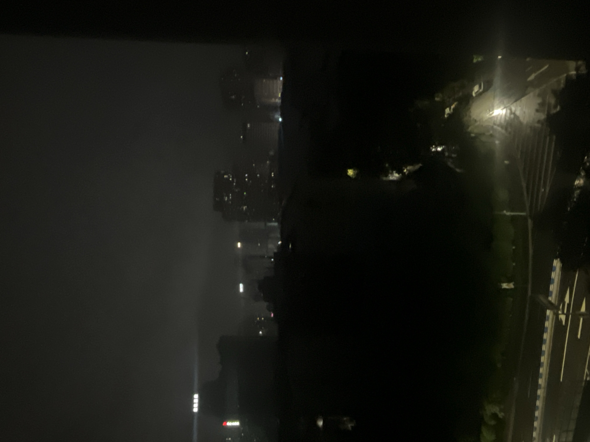 The image presents a nighttime urban landscape in Jiulongpo District, China, observed from an elevated perspective. The scene is characterized by low light, with a dark, indistinct sky potentially obscured by fog or haze, which diffuses distant artificial lights.
In the background, a metropolitan skyline is visible as dark silhouettes of numerous high-rise buildings. Scattered throughout the distant buildings are various illuminated points and lines of light, suggesting windows and architectural lighting. A prominent, bright white rectangular light source is visible atop a structure on the far left, next to a vertical red light on a smaller building.
The midground is dominated by dark, dense masses of trees and foliage, largely obscuring the ground level between the viewer and the distant structures.
In the foreground, on the bottom left, a segment of a dark paved road is visible, featuring white lane markings including a solid line, a dashed line, and a directional arrow indicating forward movement. Blue and white striped guardrails line the edge of this road section. No vehicles or pedestrians are present. On the bottom right, a winding pathway or smaller road is illuminated, appearing wet and highly reflective, suggesting recent precipitation. This path curves upwards through dark foliage, illuminated by an unseen or obscured light source, likely a streetlamp. The extreme right edge of the frame is a dark, vertical structure, consistent with a window frame.
No identifiable people or explicit actions or interactions are discernible in the scene.