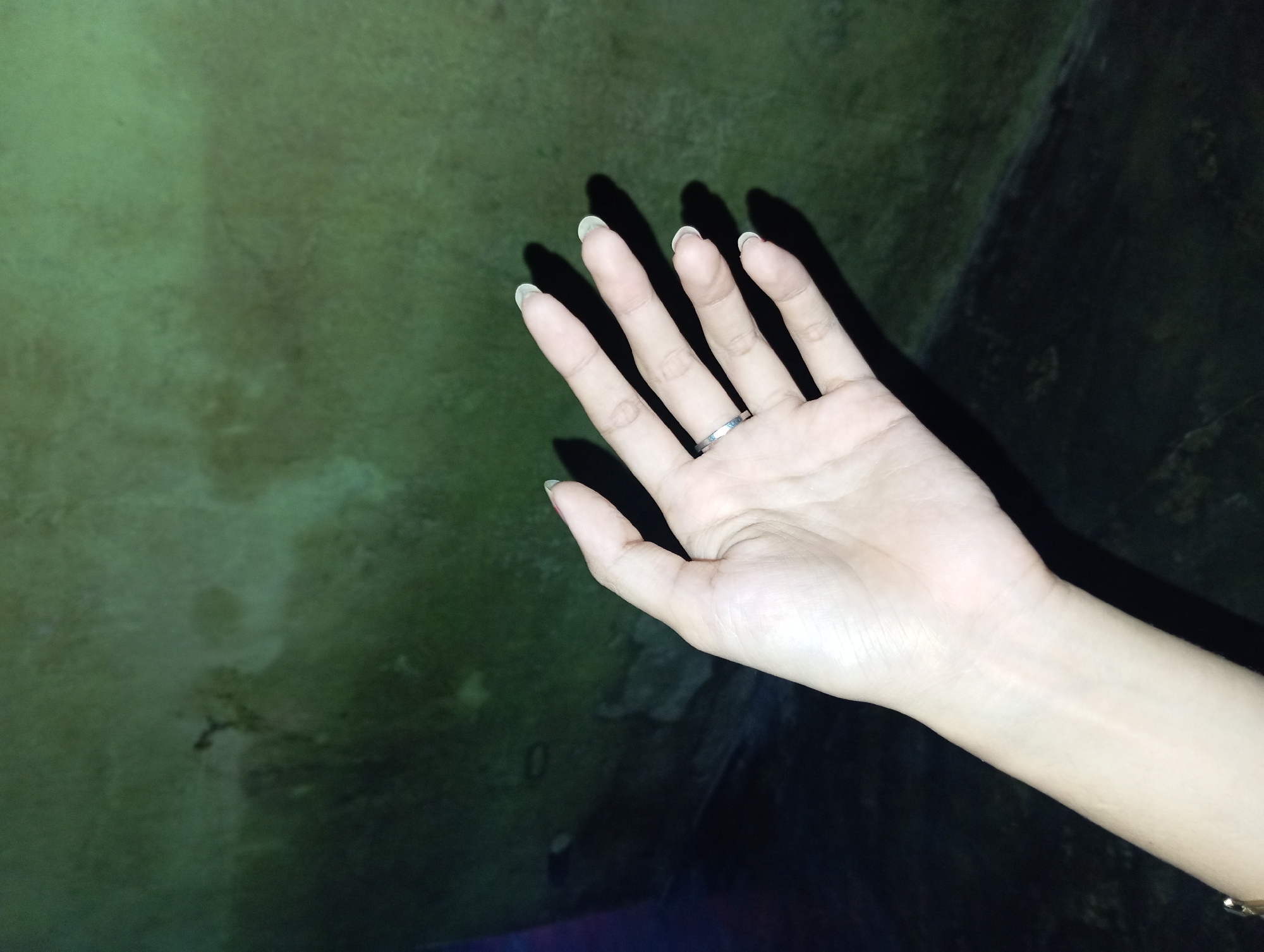 A close-up, medium shot captures a fair-skinned person's left hand extended outwards against a dimly lit, textured green background. The hand is positioned in the lower right quadrant of the frame, with fingers slightly splayed and illuminated from the side, casting distinct shadows. A simple silver band is visible on the ring finger. The background appears to be a textured wall with subtle variations in color and shadow, suggesting an indoor environment with ambient lighting. No specific details about the city of Rejosari, Indonesia, are discernible from the image.
