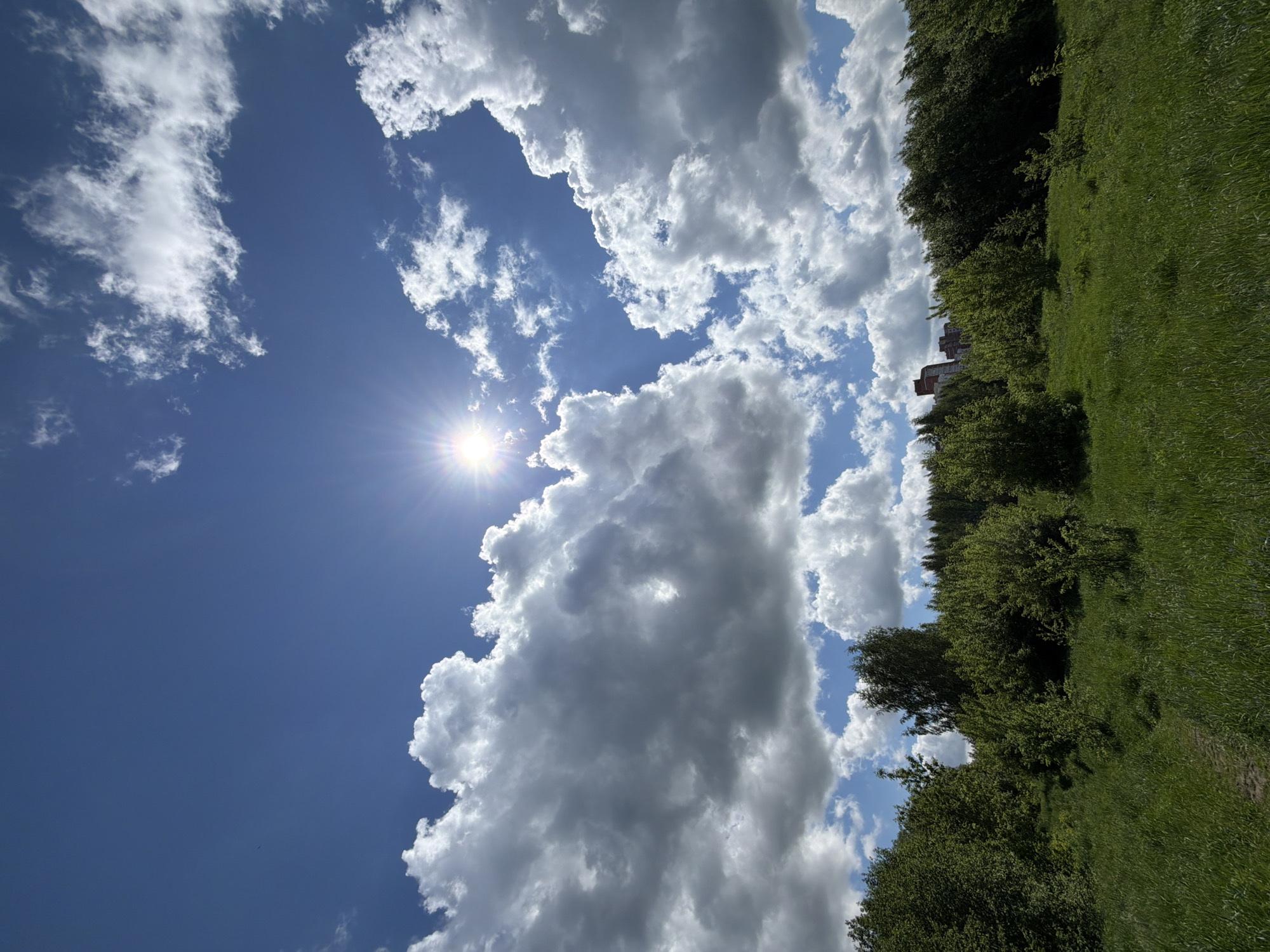 The image captures a view of the sky and landscape. The sun is visible in the top left, surrounded by white clouds against a blue sky. On the right side of the image is a green area, likely a field or park with trees. In the distance, there's a hint of buildings. The location is likely a park or green space in an urban environment within the city of Unknown, Unknown.