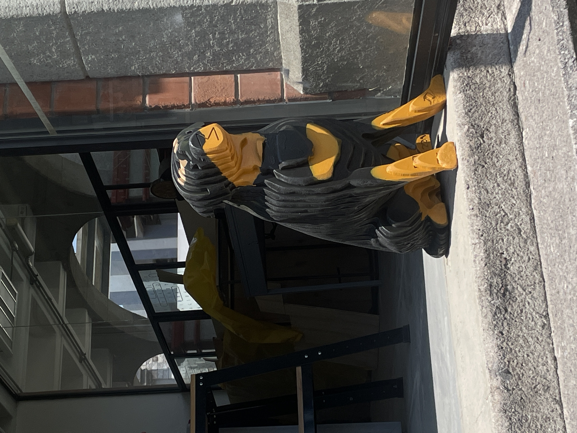 An indoor/outdoor display in San Andrés Cholula, Mexico, shows a black and yellow sculpture of a dog, likely a dachshund. The layered construction of the sculpture is visible. It is displayed near a window or glass enclosure, with elements of the building and city visible in the background. The setting includes brick and concrete architecture.