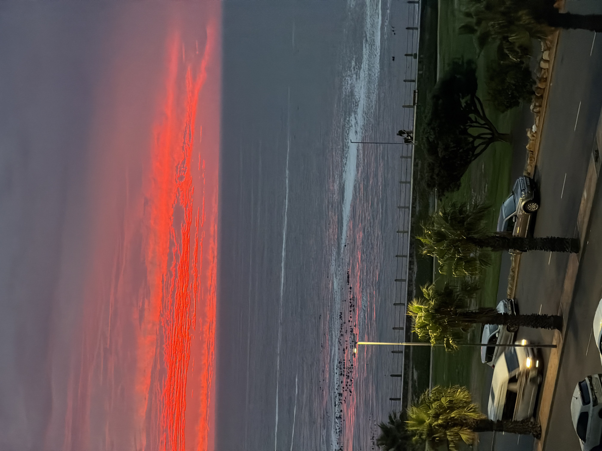 Captured from an elevated perspective, the scene portrays a vivid sunset over the ocean in Cape Town, South Africa. The left side of the image is dominated by a fiery, reddish-orange sky, contrasting sharply with the dark, still ocean surface. A strip of beach is visible between the ocean and a coastal road. The road is lined with palm trees and parked cars. People are present on the beach and promenade. The overall environment is urban coastal, bathed in the dramatic light of the setting sun.