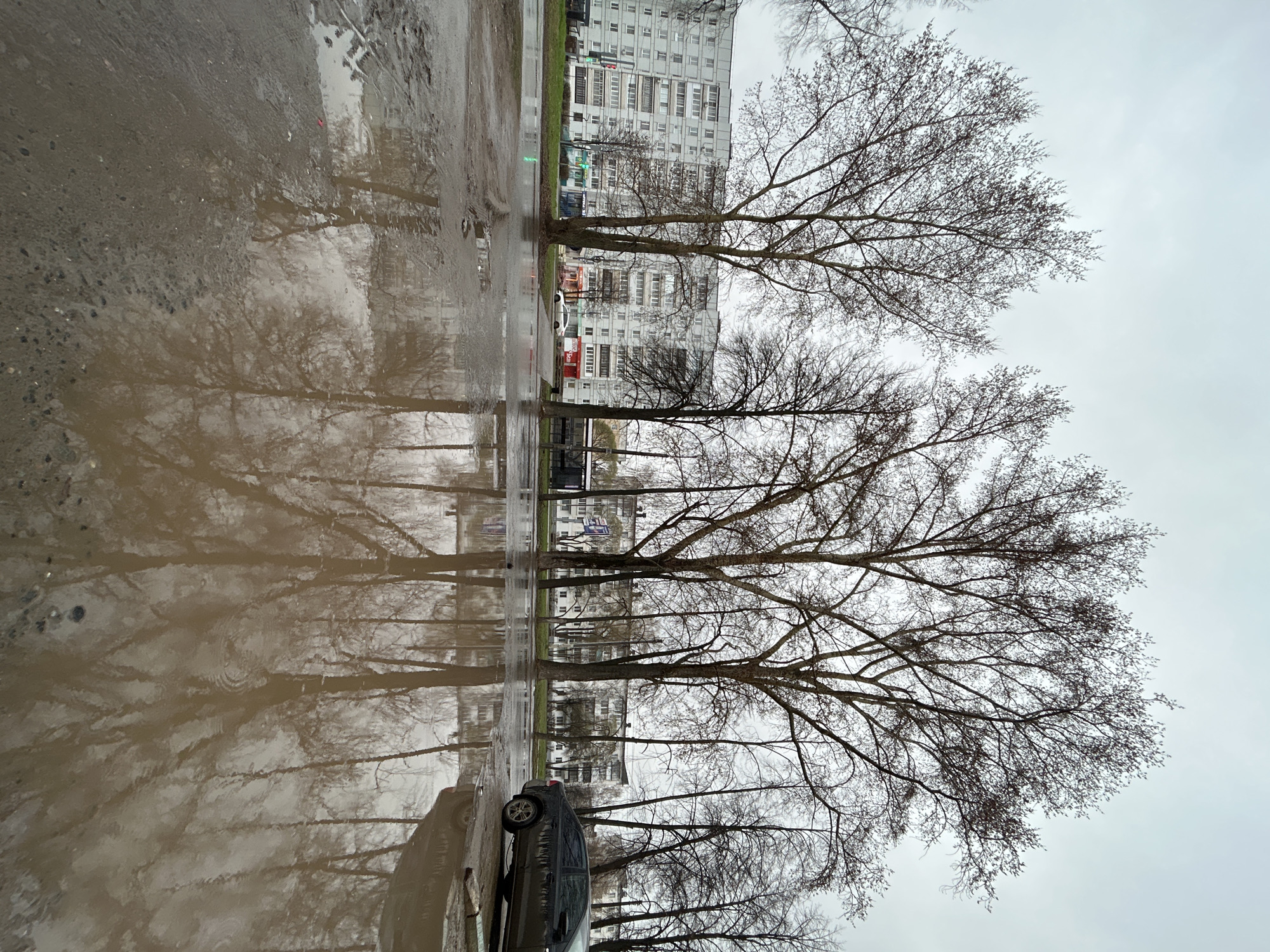 The image shows a street scene in Chaikovsky, Russia, on a cloudy day. A large puddle reflects a multistory residential building, bare trees, and a parked car. The pavement is wet and patchy. The car is black or dark grey, and its reflection is also visible in the puddle. The building appears to be a typical Soviet-era apartment block. The trees are leafless, suggesting it is late autumn or early spring.
