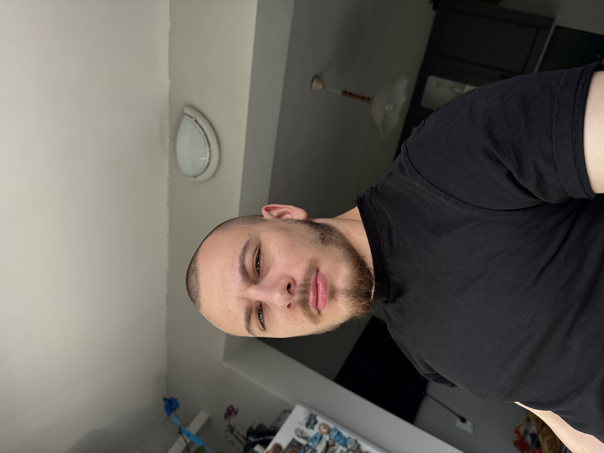 A close-up, slightly tilted portrait of a man with a shaved head and a short beard. He is wearing a black t-shirt. The background is a room with a white ceiling, a light fixture, and a glimpse of a refrigerator with magnets. The location in the city of Stara Zagora, Bulgaria, cannot be determined from the image.
