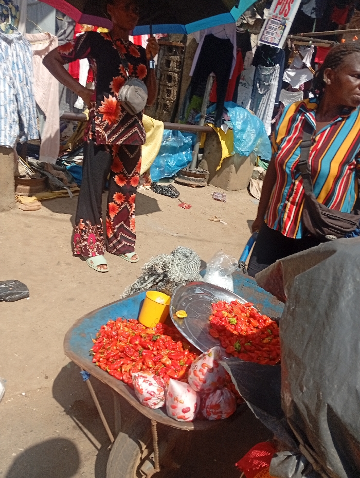 A wheelbarrow is laden with vibrant red peppers, accompanied by a yellow cup, a silver tray also filled with peppers, and bags containing small, round items. Two women are present in the background. One holds a dark umbrella and wears a patterned outfit. The other is in a striped shirt and a black bag hangs from her shoulder. Clothes hang from a rack in the background.