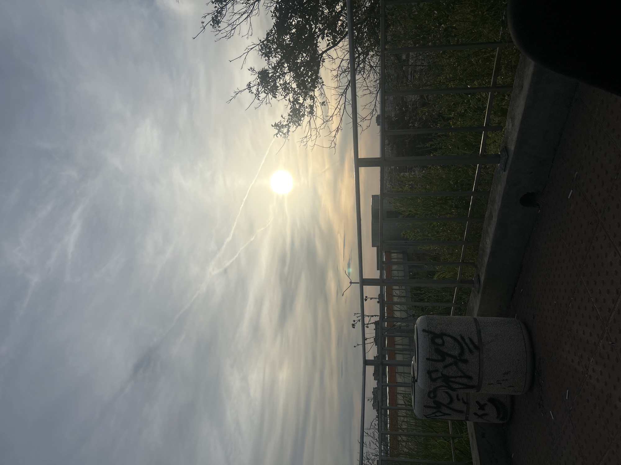 A slightly tilted outdoor shot with the sun as a bright focal point, likely taken in the city of Ruse, Bulgaria. The sky displays a mix of clouds, some of which have wispy trails suggestive of contrails. In the foreground, a grey metal railing runs horizontally across the frame, with green foliage behind it. To the right, a concrete area with a textured surface is visible. Further to the right and towards the bottom of the image, there is a concrete trash can covered with graffiti. Some litter, possibly cigarette butts, is scattered on the ground near the trash can. A few tree branches appear in the upper part of the frame. The overall environment suggests a location overlooking a lower area, possibly from a pedestrian walkway or observation point. The sunlight suggests it's either early morning or late afternoon. The photograph gives the impression of being taken casually, capturing a momentary scene in an urban setting.