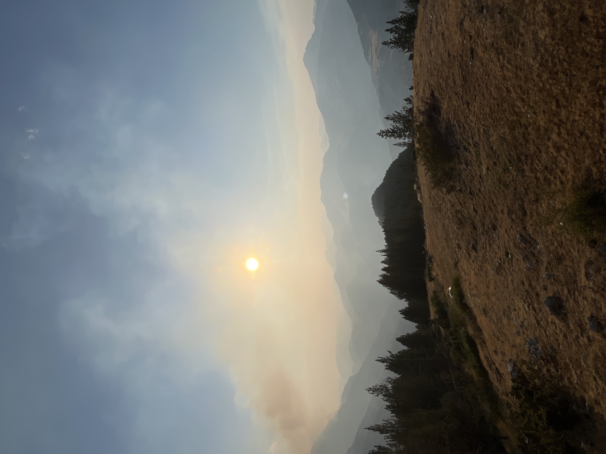 The image shows a hazy mountainous landscape with the sun appearing as a bright orb through the atmospheric conditions. In the foreground, a grassy, dry hillside slopes downwards, dotted with rocks and sparse vegetation. A line of dark green coniferous trees runs along the top edge of the hillside. Further back, multiple layers of mountains recede into the distance, becoming progressively lighter and more indistinct due to the haze. Smoke plumes, appearing as an orangish-pink mass, are visible in the far left background, against the backdrop of a mountain range. The sky is a light blue, with wispy clouds. The scene suggests an outdoor environment, possibly a natural park or mountainous region. There are no discernible people or explicit urban elements to indicate San Juan de Plan, Spain, but the mountainous terrain is consistent with the general geography of the Pyrenees region.