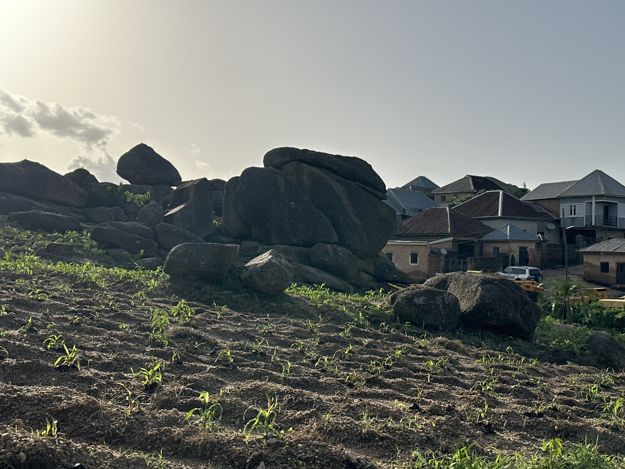 The image depicts a rural landscape in the city of Jos, Nigeria, characterized by a vast field of young crops in the foreground, which gives way to a rocky hillside dotted with large boulders. Beyond the rocks, a cluster of residential buildings with corrugated iron roofs and concrete structures is visible. A white SUV and a yellow vehicle are parked near the houses, and a few individuals are seen standing around the buildings. The sky is overcast with some clouds, and the sun casts a warm glow on the scene, highlighting the texture of the soil and the greenery of the crops. The overall impression is one of a developing community nestled within a natural, rugged environment.