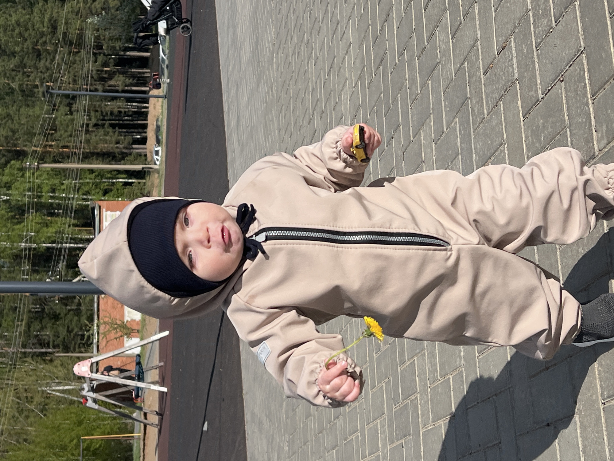 A toddler stands on a gray brick paved surface. The child wears a beige hooded snowsuit and black shoes. In their hands, they hold a yellow flower and a small yellow toy car. Behind the child is a playground with swings and climbing structures. A forest borders the playground. The photo was taken in Noviy, Russia.