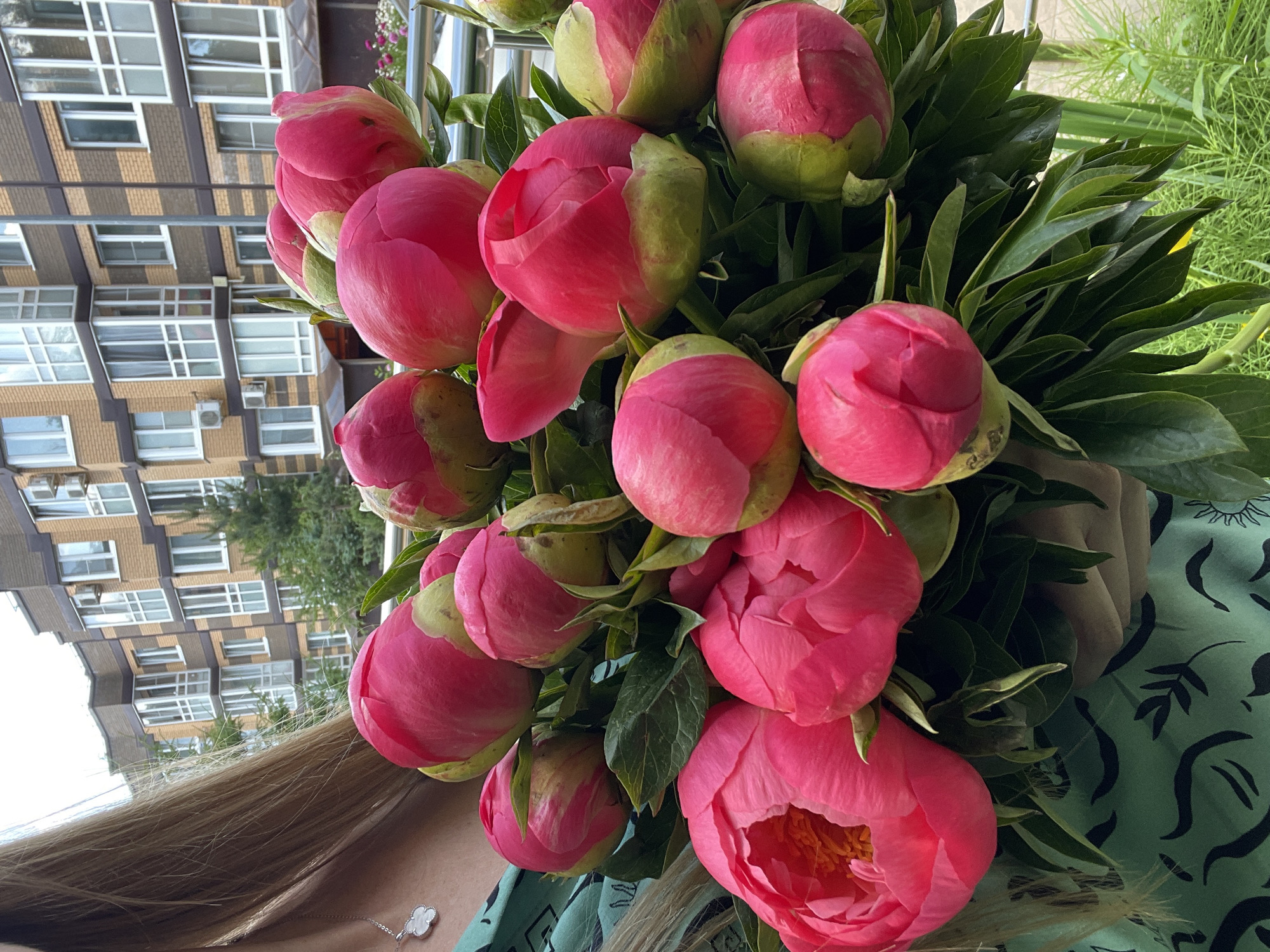 A close-up vertical outdoor shot shows a person holding a bouquet of vibrant pink peonies in the city of Kommunarka, Russia. The peonies are in various stages of bloom, with some fully opened and others still in bud. Their petals are a rich, saturated pink with hints of red. Lush green foliage forms the backdrop of the bouquet. In the background, a modern brick apartment building with white-trimmed windows and balconies is visible. The building's architecture suggests a contemporary urban setting. The overall scene evokes a sense of freshness and natural beauty against an urban landscape.