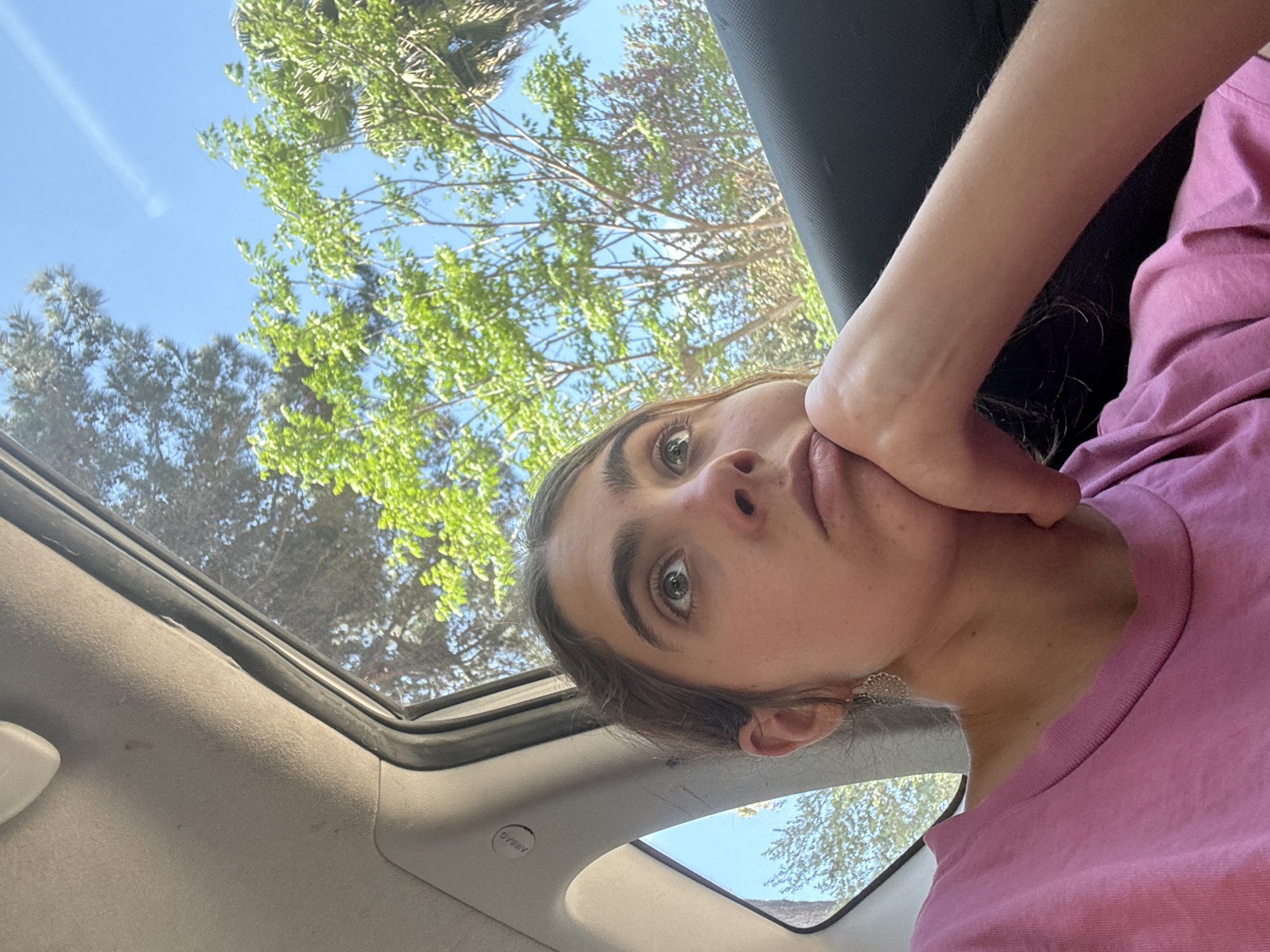 A person is inside a vehicle with a sunroof. The person is wearing a pink shirt and appears to be holding their own face with their hand. Trees and a blue sky are visible through the sunroof. The location is likely in the Alona Regional Council, Israel, based on the trees.