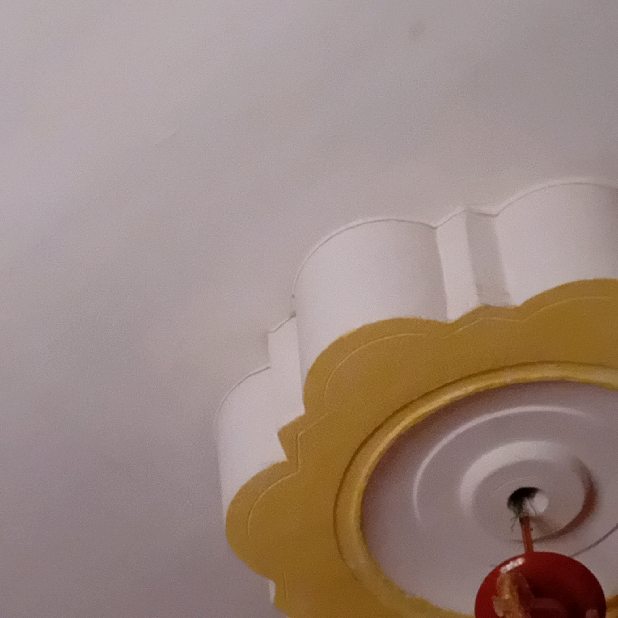 The image shows a section of a white ceiling with a decorative element. This decorative element has a scalloped edge painted in yellow and a white recessed section in the center. A red object with some golden details is hanging from the center of the ceiling fixture, obscuring the hole. The overall scene suggests an interior of a building, possibly a home or a public space, in Saïda, Algeria. The lighting appears to be ambient, and the focus is on the ceiling and its embellishments.