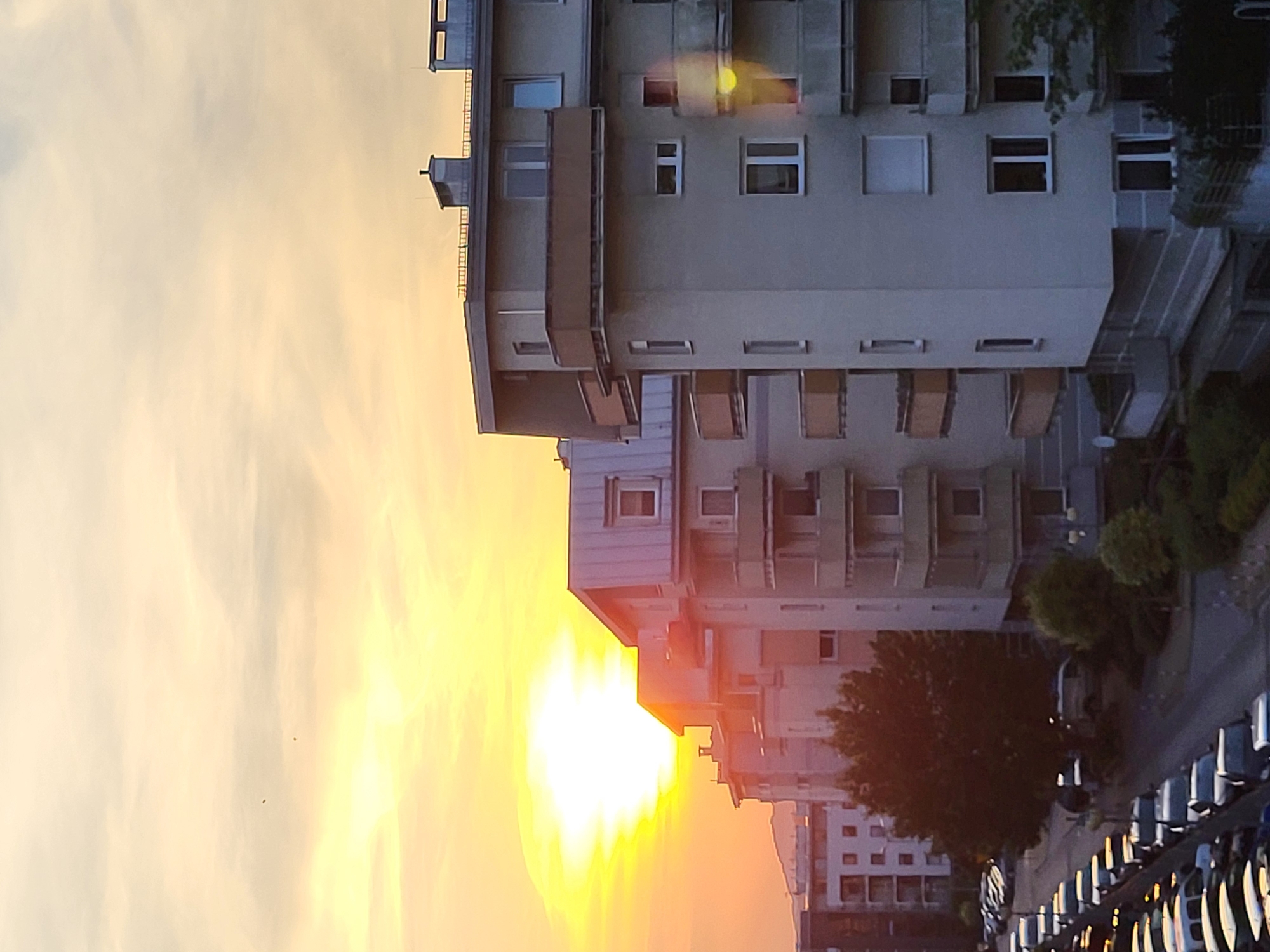 This is a medium shot, vertical, photograph of apartment buildings at sunset. The sun is visible in the upper left of the frame, appearing as a bright, slightly hazy disc in a pale yellow and orange sky with some scattered clouds. The buildings are modern, with balconies and windows. The closest building on the right is light grey with beige balconies. To its left are other apartment buildings, appearing slightly further away and in shadow. In the foreground, on the left, is a street lined with parked cars. A large tree with dark green foliage is visible between the street and the buildings. The overall lighting suggests a warm, late afternoon or early evening setting.