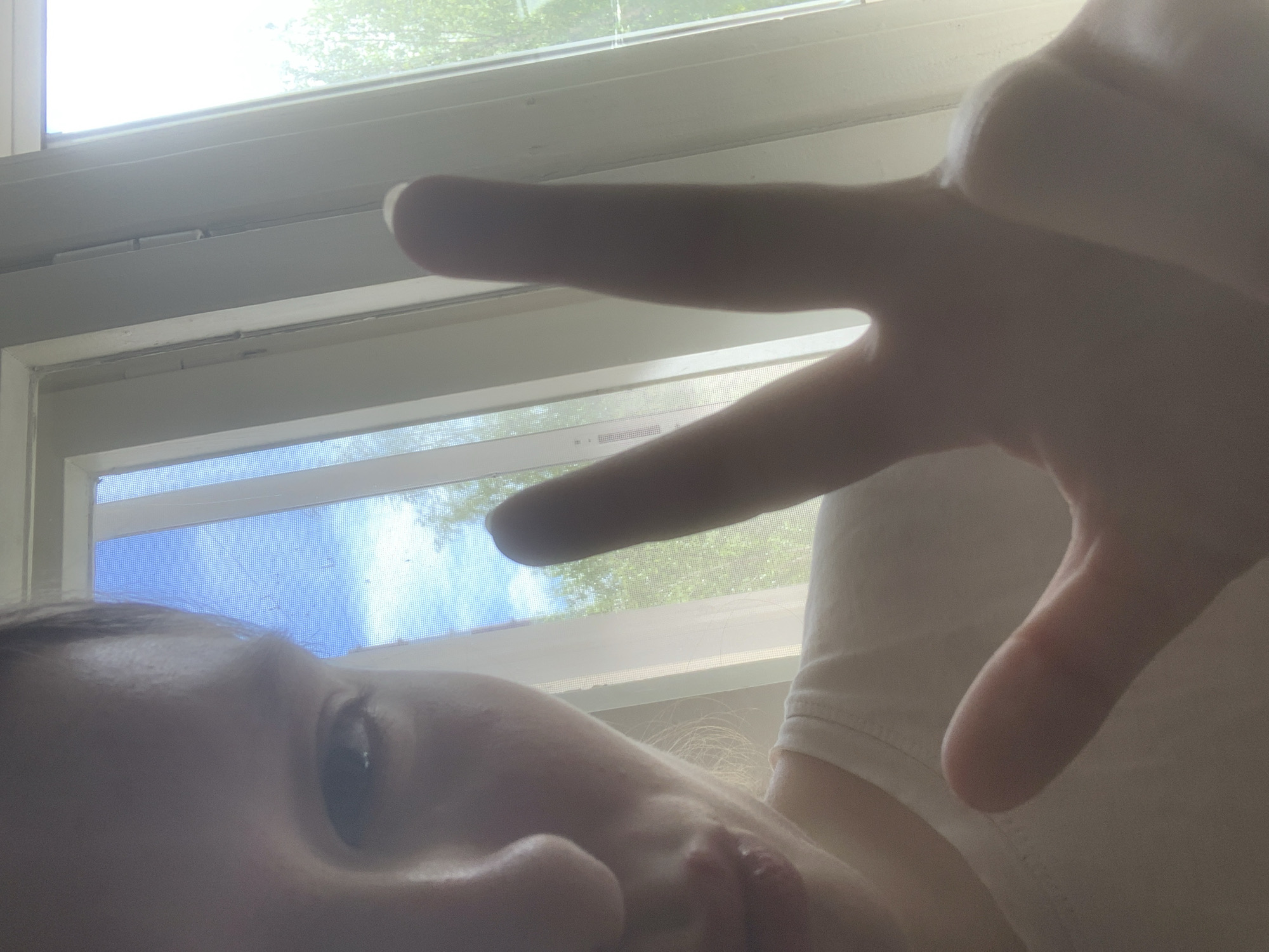 A close-up, slightly blurred image shows a person indoors near a window. The person's face, including an eye, nose, and mouth, is visible in the lower-left portion of the frame. Their hand is raised, forming a gesture with extended fingers, positioned between the person and the window. Outside the window, one can see hints of greenery and sky. The window frame is white. There is no information in the image to confirm the location is Novoe Devyatkino, Russia.