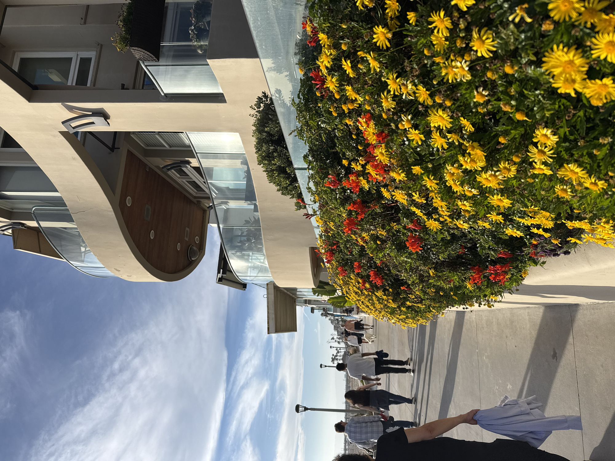 The image shows a sidewalk in Manhattan Beach, California, with a building on the right and people walking on the left. The building appears to be a multi-story residential or commercial property with balconies and large windows. In front of the building, there is a lush flower bed filled with yellow and red flowers, which creates a vibrant contrast with the neutral tones of the building. The sidewalk is made of concrete and is illuminated by the sunlight, casting shadows from the people walking on it. Several people are seen walking along the sidewalk, some alone and others in groups. One person is holding a light blue shirt. In the background, there are lampposts and a glimpse of the ocean or horizon. The sky is blue with scattered clouds, indicating a clear day.
