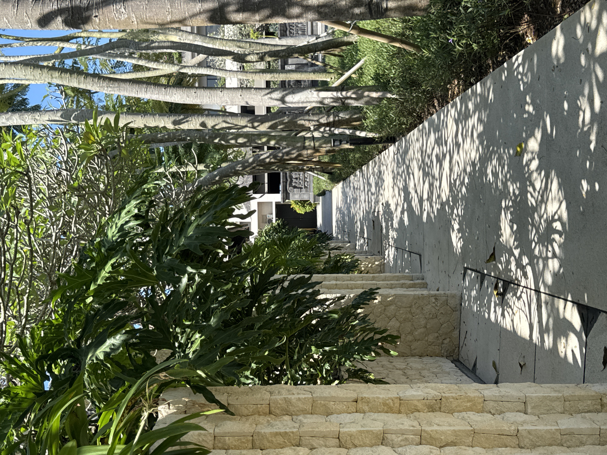 The image depicts an outdoor staircase constructed from light-colored stone, ascending alongside a tall, textured concrete wall. The wall is partially covered in shadows cast by foliage overhead. Green plants are situated on the left side of the staircase. Above the staircase, horizontal tree trunks form a linear pattern, creating a shaded area. A building is visible in the background. The location is Kuta Selatan, Indonesia.