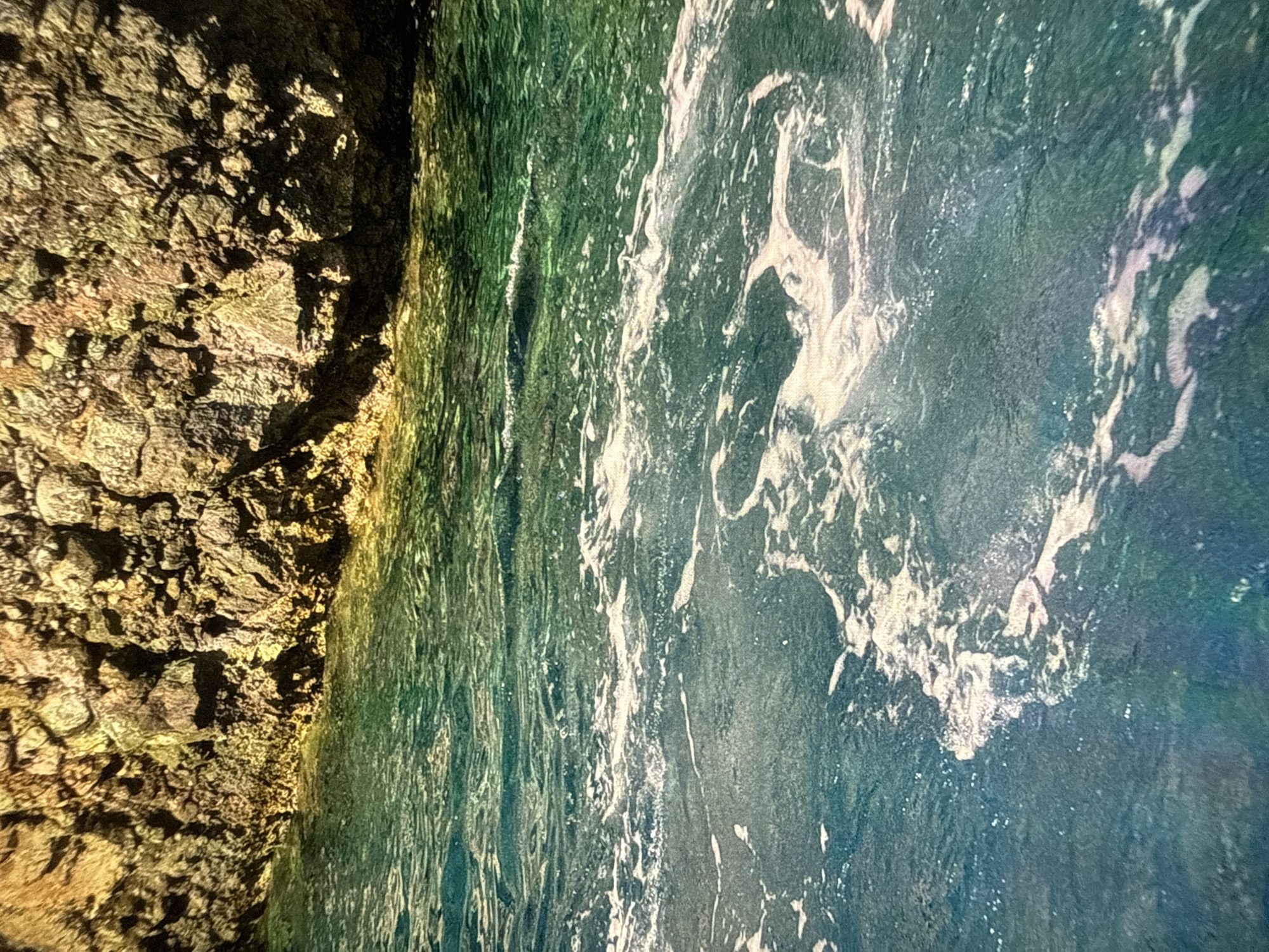 The image shows a close-up view of clear, turquoise water with white foam patterns, lapping against a rocky cliff face. The rocks are rough and varied in color, with shades of brown, yellow, and grey. The water appears shallow near the rocks, with some green algae or vegetation visible. The scene is natural and serene, suggesting a coastal or marine environment. There are no people, man-made objects, or specific landmarks visible that would indicate a location in Szczecin, Poland.