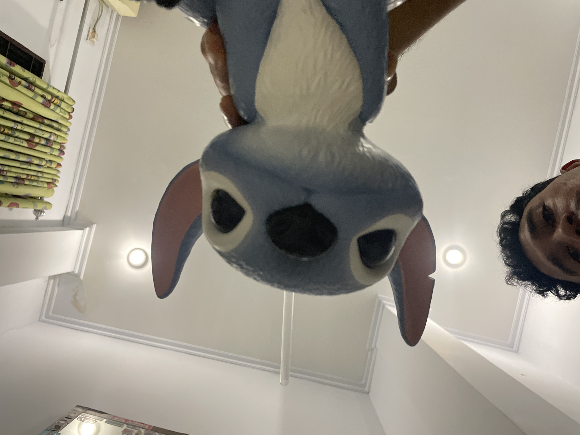 From a low angle, an individual is holding a Stitch doll, likely indoors, in a building located in the city of North Jakarta, Indonesia. The doll's head and ears are prominent in the foreground. A portion of the individual's face is visible in the periphery. The background includes a ceiling with recessed lighting and crown molding. There is a rolled-up window shade in the left of the frame. A white pole extends from the bottom of the doll towards the background.