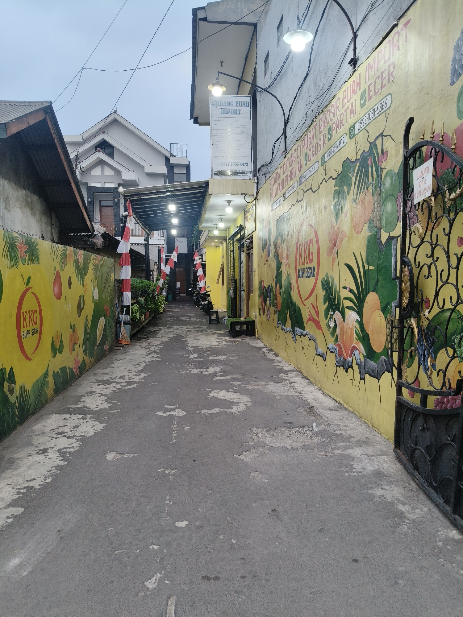 The image depicts a narrow alleyway in South Tangerang, Indonesia, likely a commercial or residential area. The alley is flanked by buildings on both sides, with one wall adorned with a vibrant mural of fruits and tropical leaves. The mural, rendered in bright yellow and green hues, features depictions of avocados, oranges, grapes, and flowers. Some of the fruit imagery is stylized, with cracked earth patterns integrated into the mural's design. On the left side of the alley, a white building with a grey roof is visible, partially obscured by a pitched roof structure. Along the alley's path, there are Indonesian flags displayed vertically on poles, adding a touch of national pride. Various potted plants and small trees are placed along the sides, some of which are situated under awnings. Several motorcycles are parked on the right side of the alley, indicating vehicular presence. A black wrought-iron gate with intricate scrollwork is visible on the right, further enhancing the visual appeal of the mural. Lighting fixtures are strategically placed along the alley, suggesting it is used after dark. The ground surface of the alley is paved with asphalt, showing signs of wear and tear with patches of concrete visible. The overall atmosphere appears to be one of a lively, perhaps a market or a business district, with artistic elements contributing to its character.