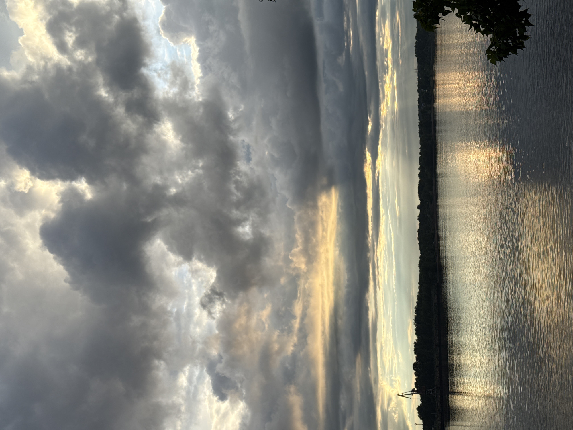 This landscape image, viewed in its correct orientation, captures a dramatic scene over a wide body of water, likely a lake or river, consistent with the Votkinsk Reservoir near Chaikovsky, Russia. The sky dominates the upper portion, filled with voluminous, dark grey clouds interspersed with bright, sunlit patches. Golden rays of light pierce through the clouds, reflecting intensely on the water's surface, creating striking sunbeams and shimmering patterns.
A dark, forested or treelined shoreline stretches across the mid-ground, acting as a clear horizon line that separates the dynamic sky from the reflective water. On this distant bank, a faint industrial-like structure, possibly a crane or part of a port facility, is visible against the lighter sky near the water's edge. In the upper right corner of the image, dark silhouettes of tree leaves or branches extend into the frame, suggesting the viewpoint is from under vegetation.
The scene depicts either late afternoon or early morning, characterized by the low-angle, warm light. The weather appears to be partially overcast, with the sun breaking through a dense cloud cover, creating a powerful and atmospheric mood. The water's surface is textured with ripples, which further enhance the reflection of the light. No people or visible text are present in the image.
