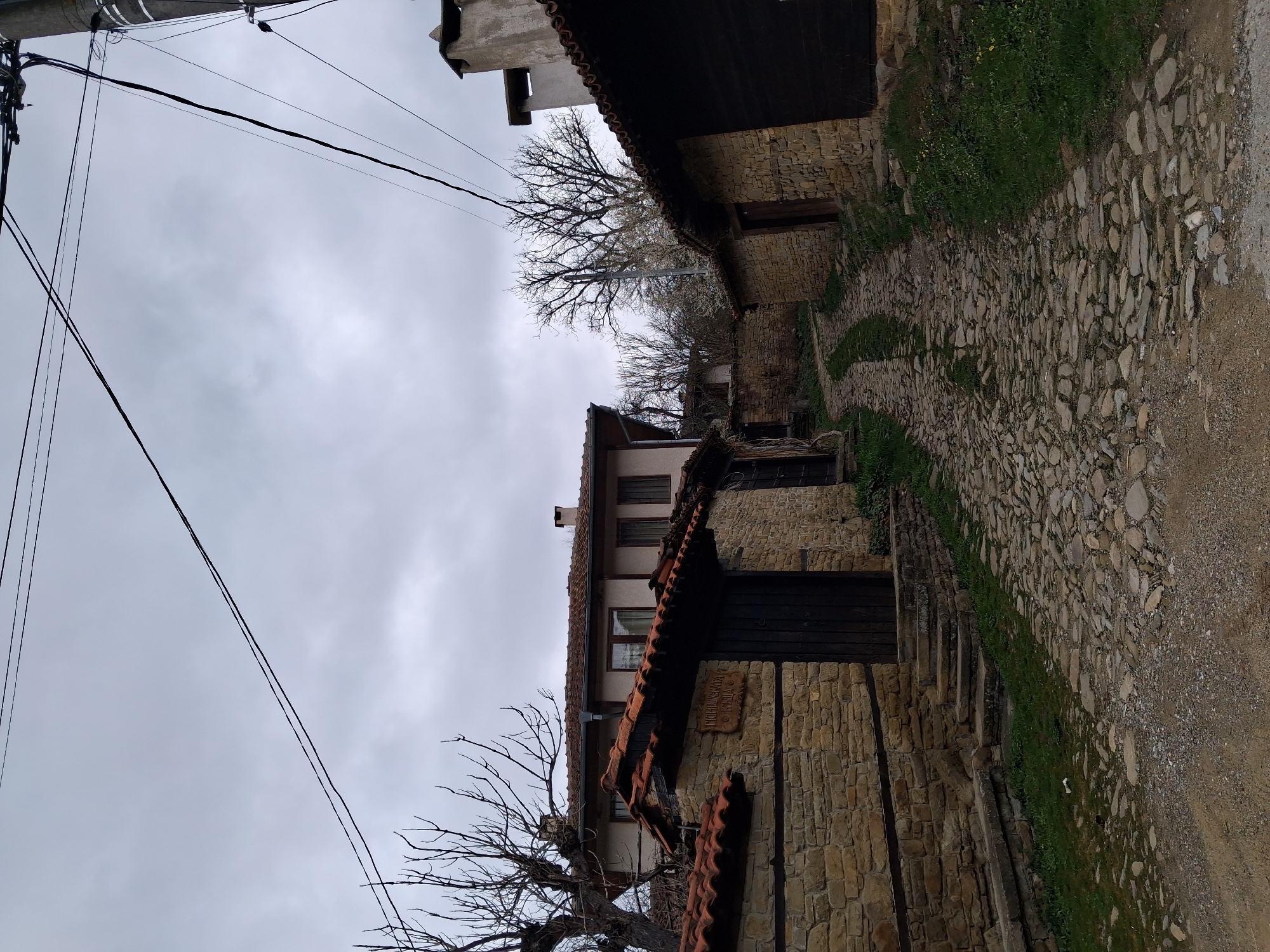 The image depicts a narrow cobblestone street in the village of Katunishte, Bulgaria. Stone buildings line both sides of the street. The buildings feature a mix of stone walls, dark wood trim, and tiled roofs. A dirt path runs alongside the cobblestones on the right side of the street. Overhead power lines stretch across the sky. The sky is overcast with gray clouds. A bare tree is visible in the foreground and background. The architectural style is characteristic of traditional Bulgarian villages.