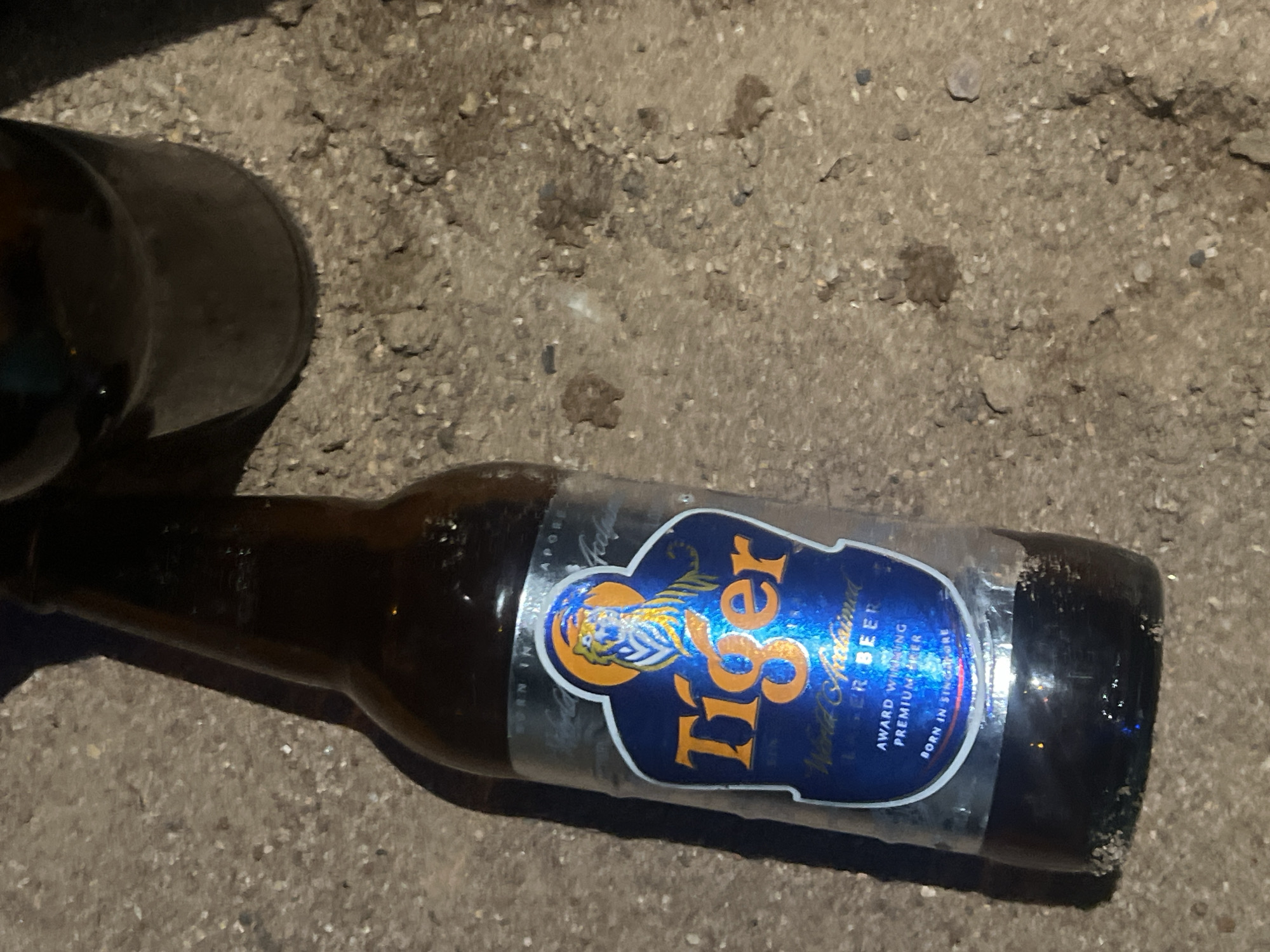 On the ground, amidst scattered debris in a location potentially within Jalingo, Nigeria, lie two discarded brown glass beer bottles. One bottle is only partially visible at the top left, while the other is fully visible. The latter is a Tiger Beer bottle, identifiable by its distinctive blue and silver label with the "Tiger" logo. The area is characterized by a rough, possibly sandy or gravelly ground surface. There is no indication of people present in the image.