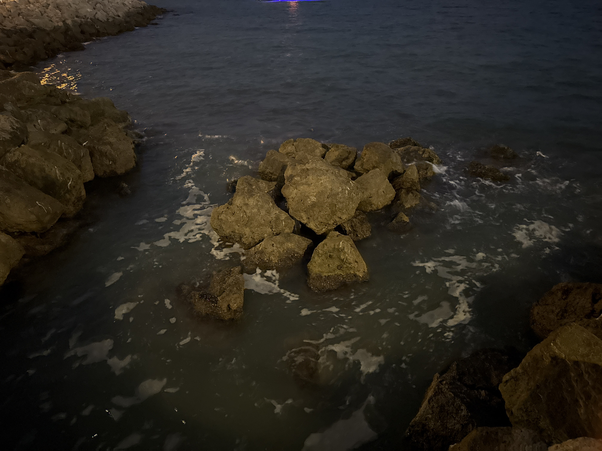 This is an eye-level, medium shot of a rocky shoreline at night. The water is dark blue and choppy, with white foam on the surface. There are several large rocks in the water, and a rock wall on the left side of the image. In the distance, there is a boat with blue lights. The scene appears to be a harbor or coastline in Palma, Spain.
