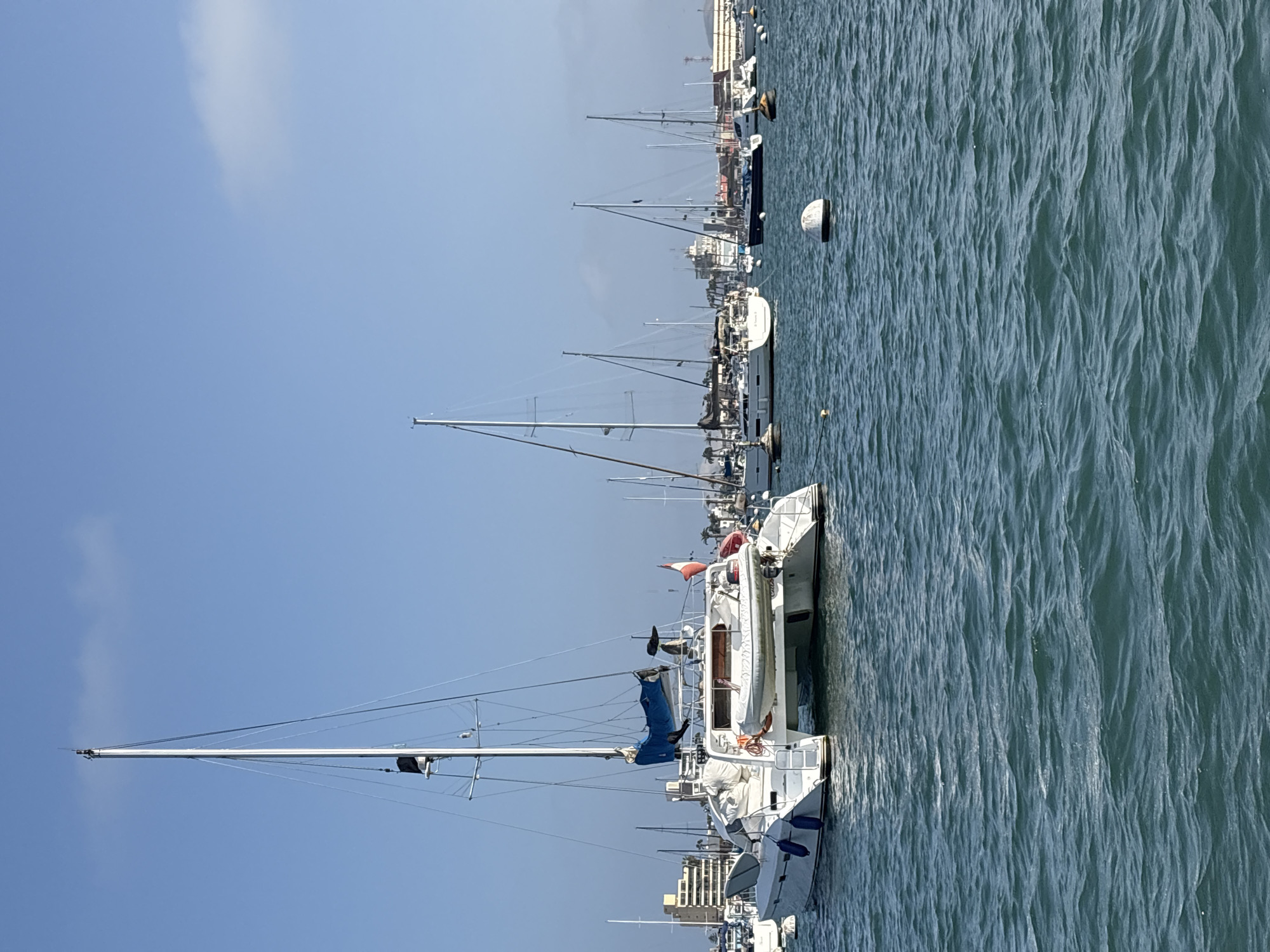 The image shows a marina with several sailboats moored in La Punta, Peru. The boats are white with tall masts, and some have sails furled. The water is choppy and reflects the sky. In the background, buildings are visible along the shoreline. The sky is blue with a few clouds.