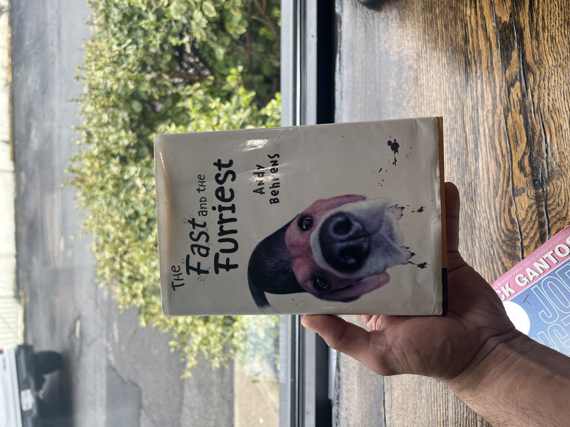 A person holds a book titled "The Fast and the Furriest" by Andy Behrens. The book features a close-up image of a dog's face on the cover. In the background, there is a window with a view of greenery and an overcast sky. A second book is partially visible to the right, with the words "CK GANTO" visible on the cover. The photograph was taken in the Town of New Windsor, United States of America.