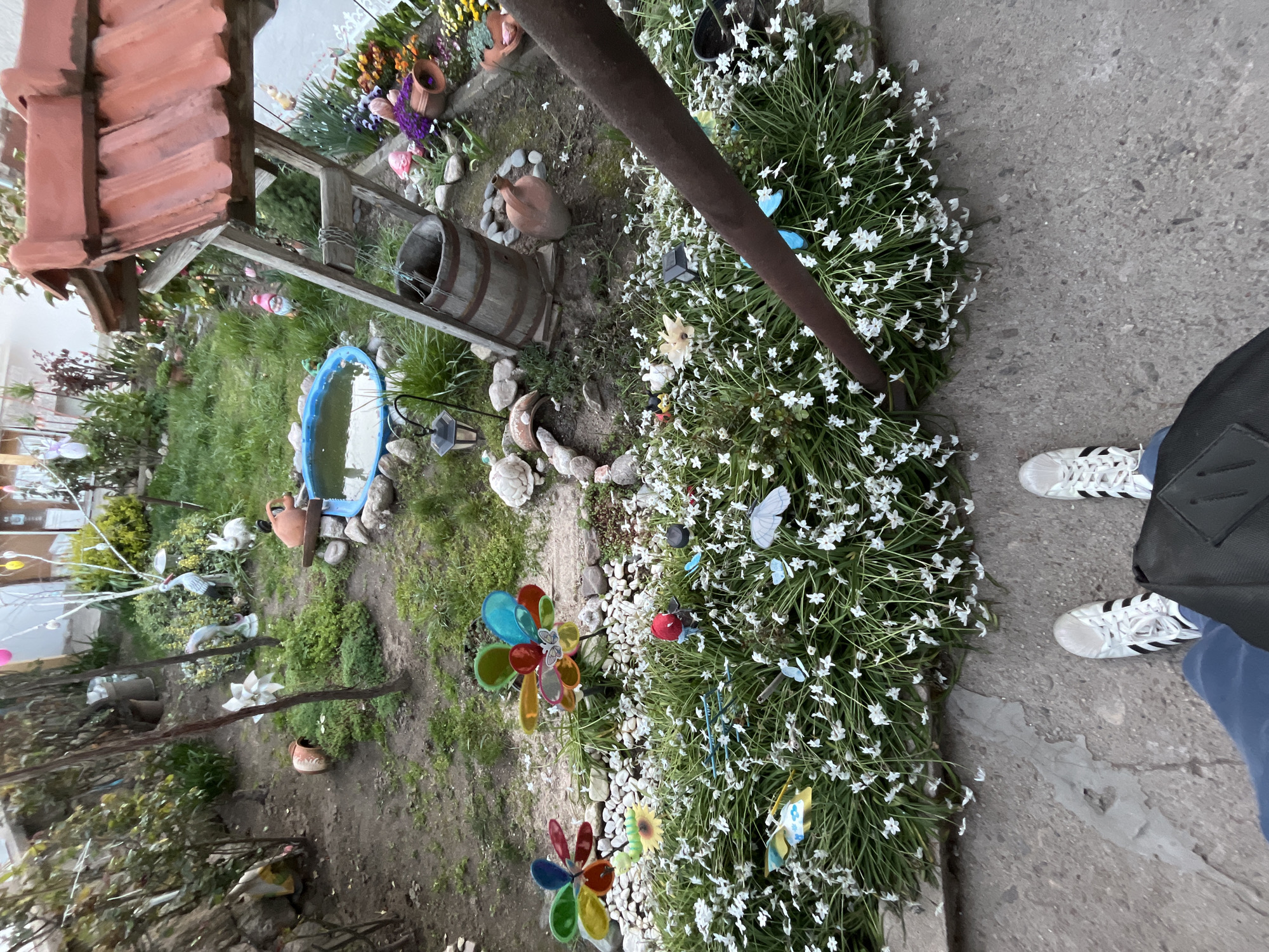 The image depicts a garden in Karavelovo, Bulgaria, next to a concrete path. The garden contains a variety of plants, including a large patch of white flowers interspersed with decorative butterflies and pinwheels. Various garden ornaments are visible, such as ceramic pots, a miniature well structure with a tiled roof, a wooden barrel, and several white ceramic bird figures. A small blue plastic pool is also present. A metal pipe runs diagonally across the frame. Part of a person wearing white athletic shoes with black stripes, blue jeans, and a black jacket is visible on the concrete path next to the garden. A faint heart shape is etched into the concrete of the path.