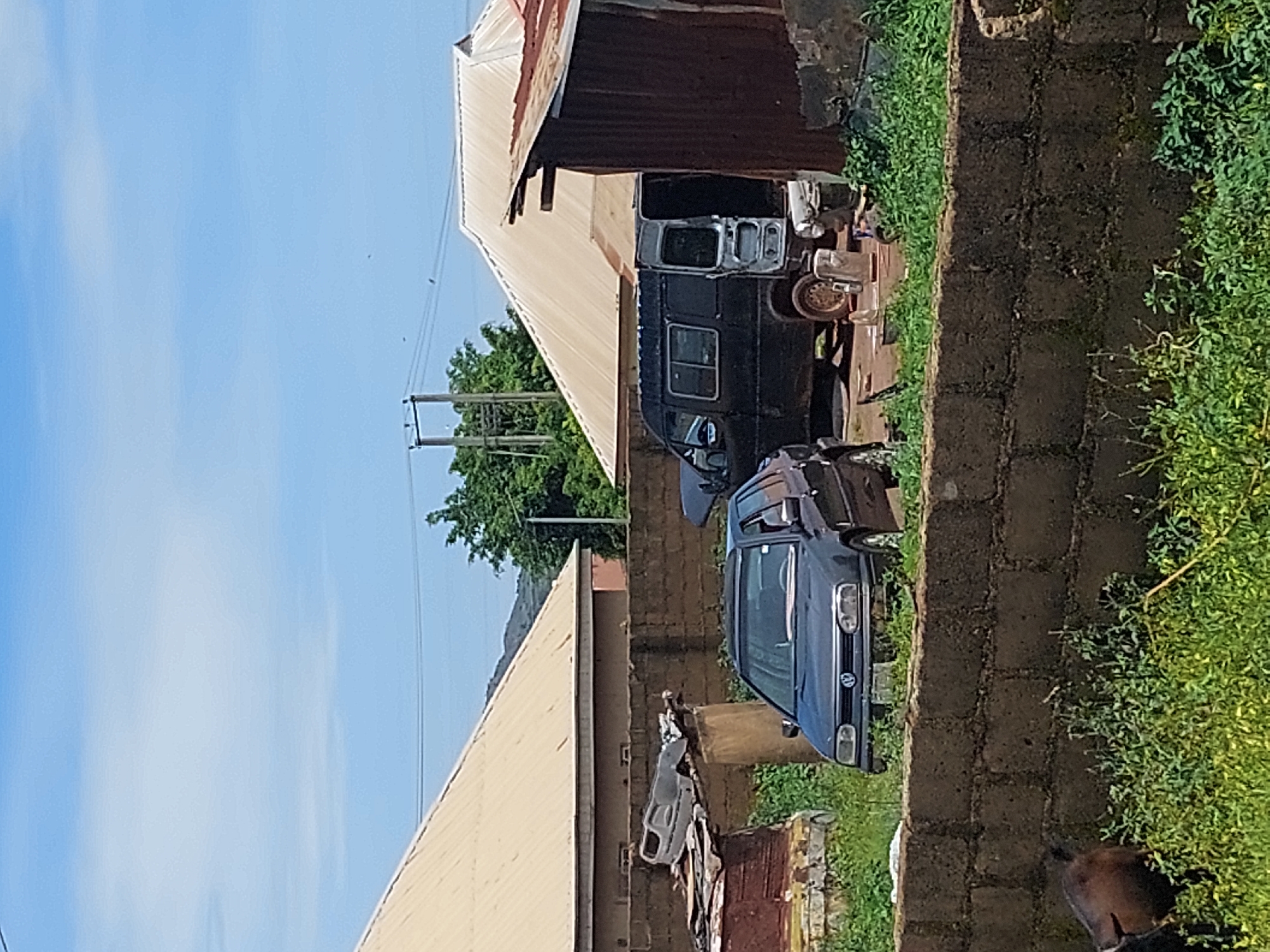 The image depicts a rural scene in Barakin, Nigeria, on a bright, clear day. In the foreground, a low brick wall runs horizontally, covered in lush green grass and vegetation. To the left, a dark-colored goat stands near the wall, partially obscured by the foliage.
Behind the wall, a dark gray Volkswagen hatchback is parked, facing forward. To its right, a dark-colored van with its rear doors open is parked. The van appears to be undergoing some sort of work or is possibly being dismantled, as indicated by the exposed interior and some scattered items. Adjacent to the van is a structure made of corrugated metal, its roof rusted and weathered.
In the background, two houses with light-colored, pitched roofs are visible. Trees and a power line pole with wires are also present, suggesting a semi-urban or rural residential area. The sky is a clear, light blue with a few faint white clouds. The overall impression is one of a working yard or a place where vehicles are kept or repaired.