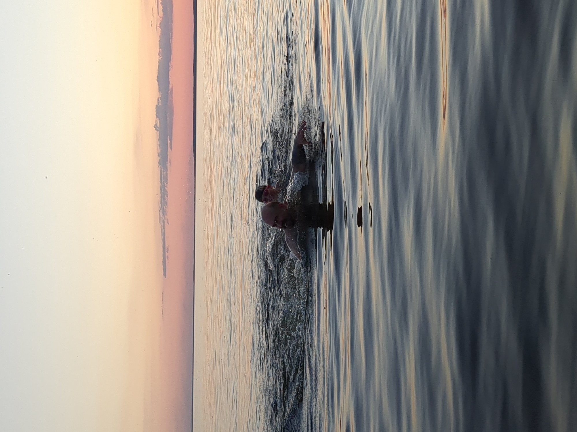 Two individuals are swimming in the water, likely a lake or river, with a pale pink and orange sky visible in the background. The individual in the foreground, a bald man, is swimming towards the left side of the frame, with his arms outstretched in the water, creating ripples. Behind him and slightly to the left, a younger person wearing goggles is also swimming, facing towards the right. The water surface is disturbed by their movements, creating splashes and waves. The overall lighting suggests it is either dawn or dusk. The scene appears to be set in an outdoor natural environment, possibly near the city of Pereiaslav, Ukraine, given the context provided.