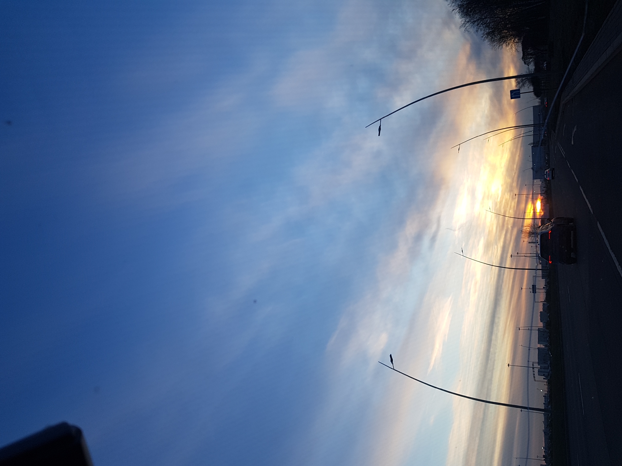 The image shows a road, likely a highway, in the city of Saint Petersburg, Russia, during what appears to be either sunrise or sunset. A vehicle with illuminated taillights is on the road. Several lampposts line the roadside. The sky displays colors ranging from deep blue to hues of orange and yellow. A dark tree line is visible on one side of the road. The orientation of the image is such that the road runs vertically along the right side.