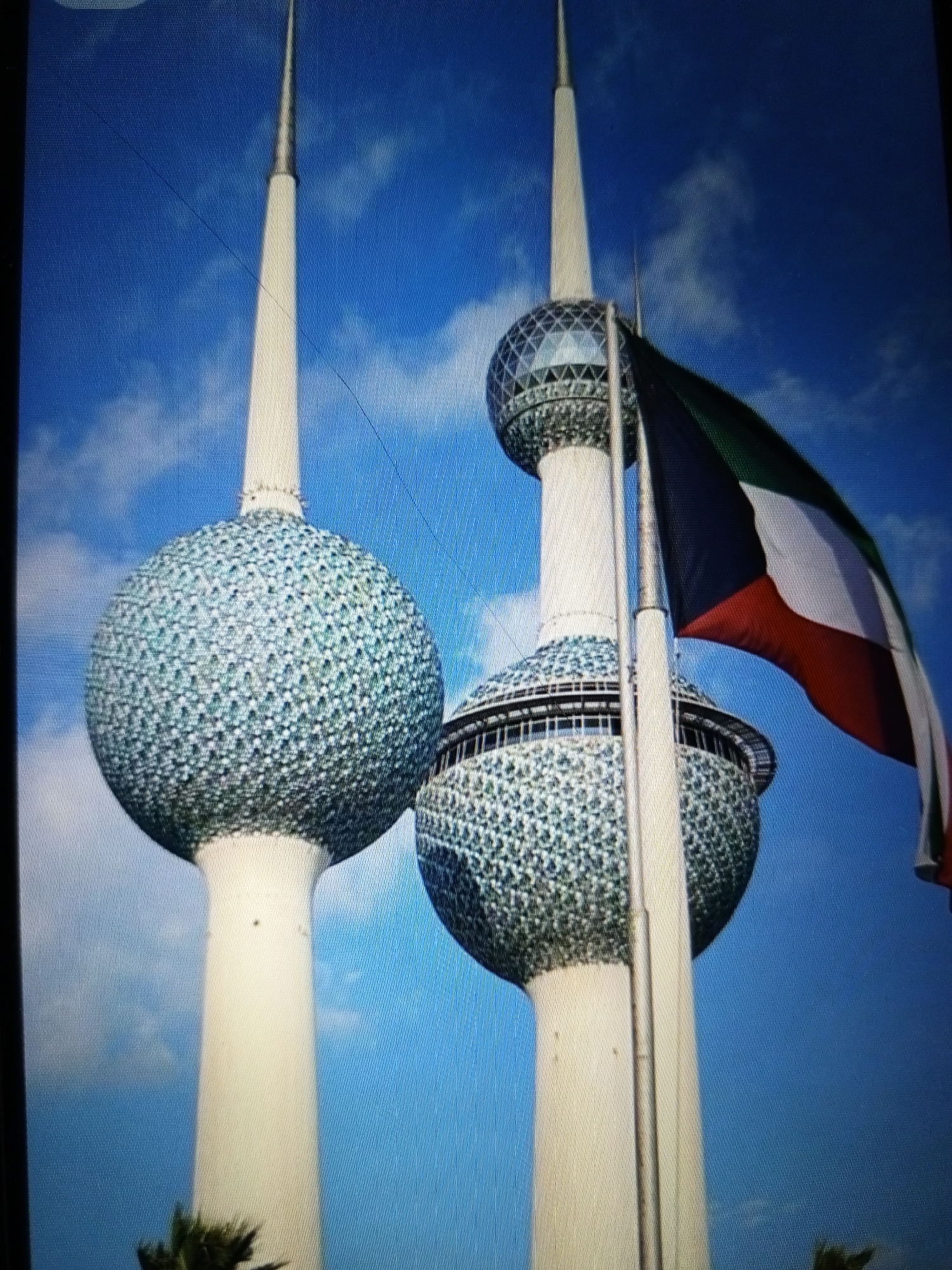 The image displays the Kuwait Towers, a prominent landmark in Kuwait City, Kuwait. Two of the three iconic towers are visible, characterized by their spherical observation decks adorned with a mosaic-like pattern. The larger, closer sphere is on the left, and a slightly smaller one, partly obscured, is to its right. A flagpole with the Kuwaiti flag, featuring horizontal bands of black, white, and red, along with a green stripe, is positioned between the towers and extends into the frame from the right. The towers rise against a bright blue sky with scattered white clouds. The foreground shows the tips of green palm fronds at the bottom, suggesting a tropical or subtropical environment. There is no indication of the city of Golbembal, Nigeria in this image.