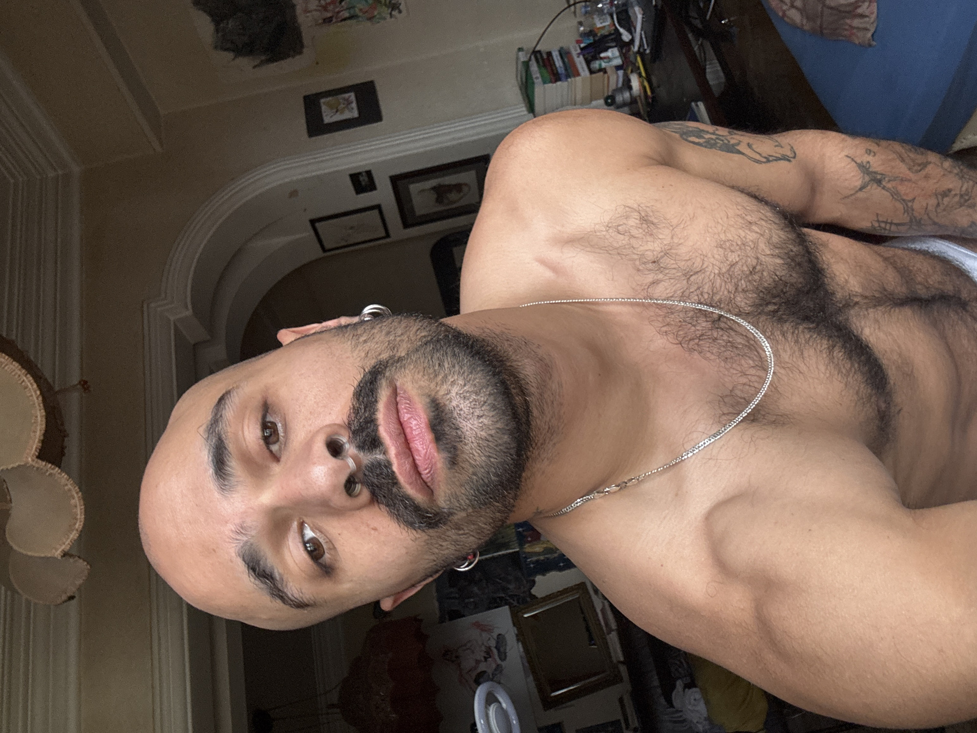 A person with a shaved head and beard is shown in a selfie-style photo. The person has a nose ring and earrings, a silver chain necklace, and is shirtless, revealing chest hair and tattoos on the arms. The background includes interior elements such as a wall with framed pictures, a lamp, a blue upholstered object (possibly a bed), and items on a shelf. The location cannot be determined to be in the city of Tbilisi, Georgia from the information in this image.