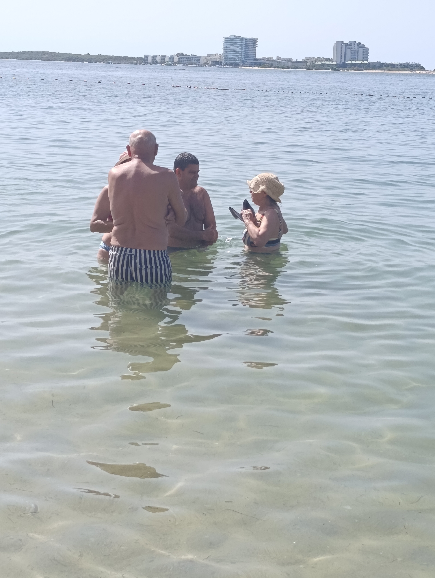 A group of four individuals are standing in shallow, clear water with a sandy bottom. In the foreground, a man with a bald head and a striped swimsuit is facing away from the camera, with his arms crossed. To his right, another man is standing, partially obscured. To the far right, a woman wearing a straw hat and a striped bikini is holding a mobile phone. In the background, the calm sea stretches towards a distant coastline with buildings and vegetation. The overall scene depicts a casual moment at a beach or waterfront. The location is not specified in the image.