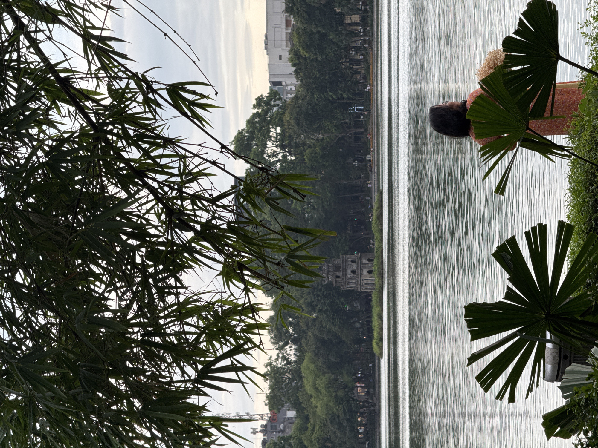 The image depicts a view of Hoan Kiem Lake in Hanoi, Vietnam, with a woman standing at the edge of the water. She is facing away from the camera, looking towards the lake and the Turtle Tower (Tháp Rùa), a small, ancient structure located on an island in the center of the lake. The woman is wearing a patterned orange dress and holding a bouquet of light-colored flowers. In the foreground, large, spiky green leaves of a tropical plant partially obscure the view, framing the scene. Behind the lake, a dense line of trees separates the water from buildings in the distance, including what appears to be a tower with antennas. The sky is overcast, and the water of the lake is rippled, reflecting the subdued light.