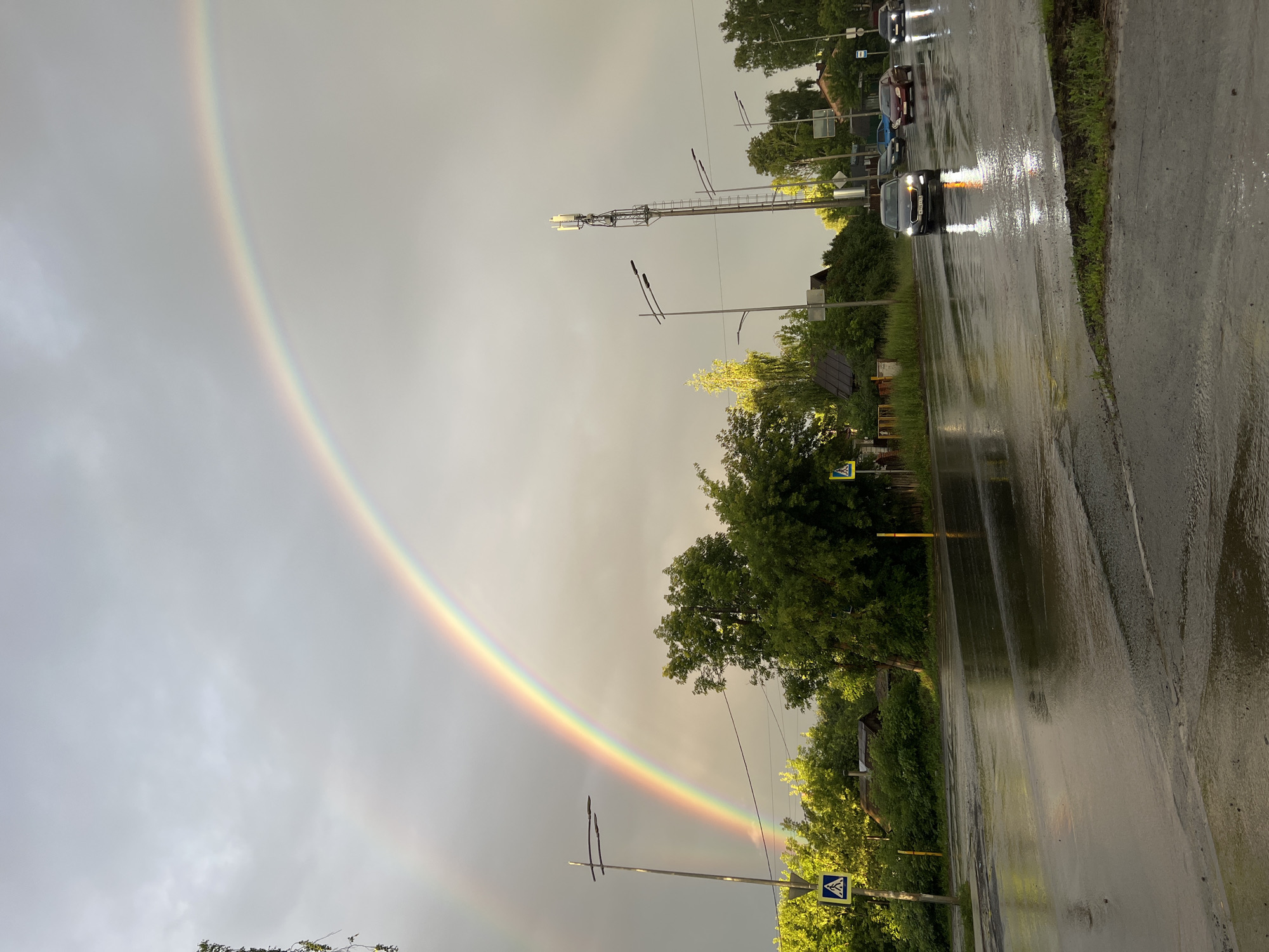 This is a ground-level, eye-level, full outdoor shot of a street scene in Izhevsk, Russia, after a rain shower. A prominent double rainbow arcs across a cloudy, grey sky. The wet asphalt street reflects the muted light and the colors of the rainbow. Several cars are visible, including a dark-colored sedan with its headlights on, driving on the wet road. A cell tower stands tall on the right side of the image, with several streetlights scattered along the road. Lush green trees and bushes line the sides of the street, with some houses partially visible behind them. Pedestrian crossing signs are also present. The overall atmosphere is damp and reflective, with the natural spectacle of the double rainbow dominating the sky.