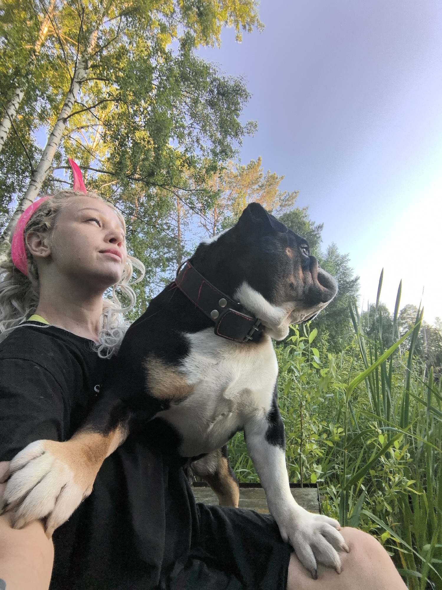 A young woman with blonde curly hair and a pink headband is holding a large dog on her lap. She is wearing a black t-shirt. The dog is tri-colored with black, white, and tan markings and is wearing a black collar with metal studs. They are sitting outdoors in a natural environment with trees and tall grass visible. The sky is clear and blue. The location is stated to be Noviy, Russia.
