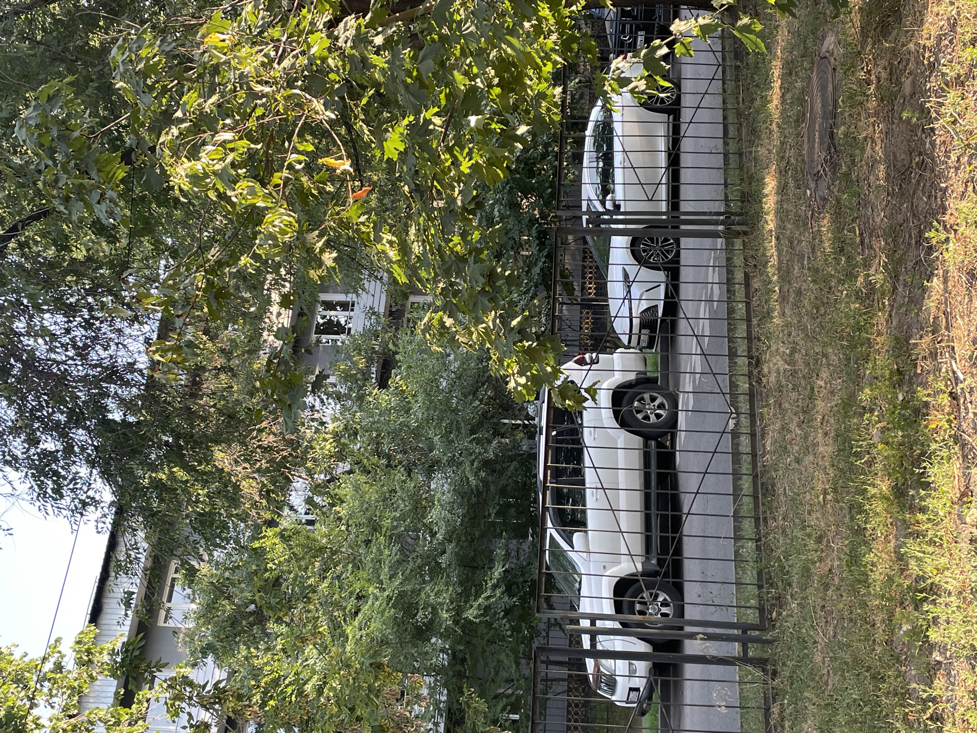 A residential building with gray facades and white-framed windows is visible behind a black metal fence. Two white cars are parked behind the fence. The car on the left is a white SUV, and the car on the right is a white sedan. The ground in front of the fence is covered in grass and dirt. The image appears to be taken during the daytime, with sunlight filtering through the leaves of a tree in the foreground. The scene is likely in a city.