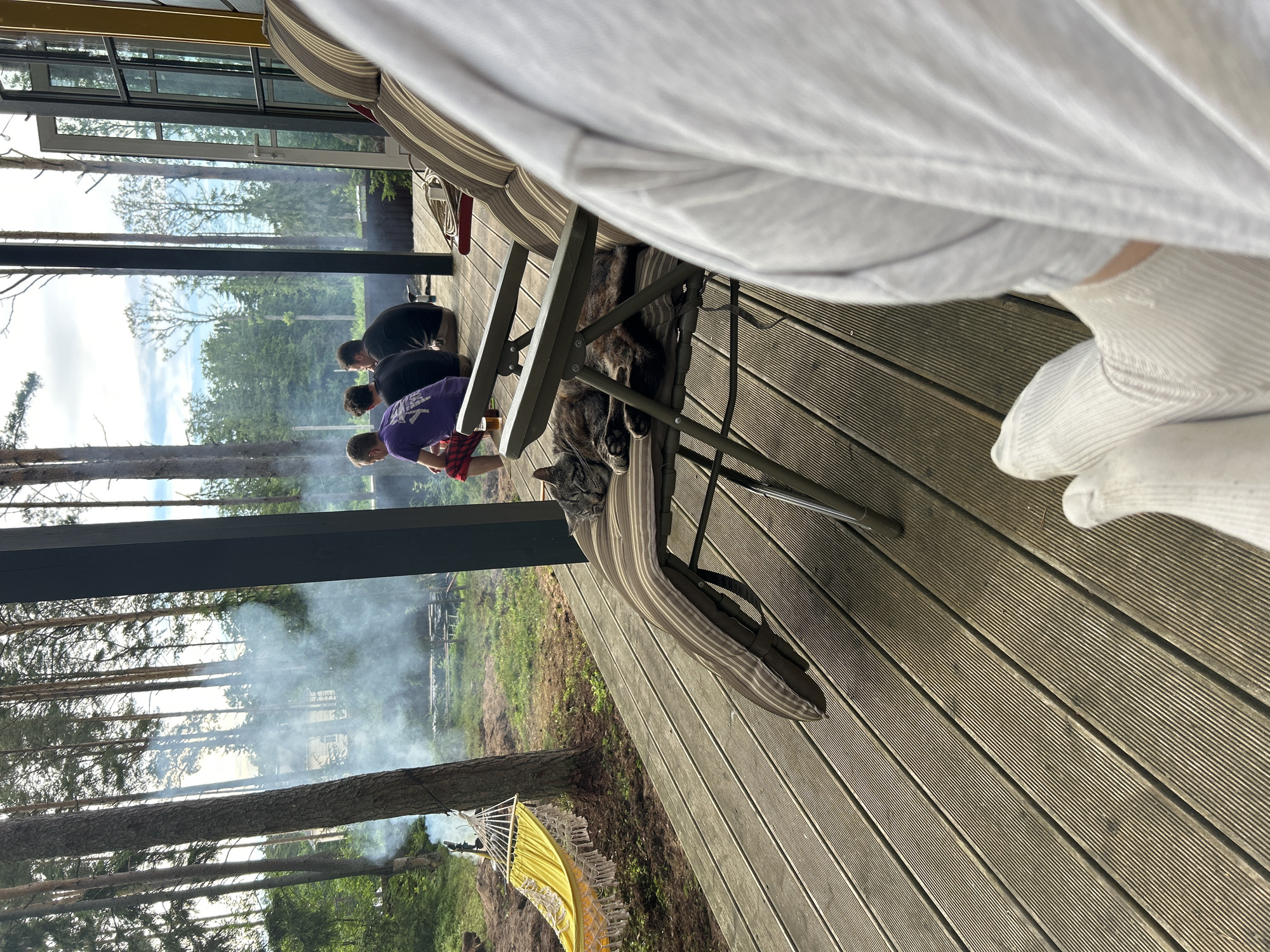 A group of three men are seated on a wooden deck outside a building, with a cat sleeping on a lounge chair. One man wears a purple t-shirt and red and black plaid shorts, another a black t-shirt, and the third a dark t-shirt. Smoke is visible in the background, suggesting a bonfire or grill. A yellow hammock is strung between trees to the left of the deck. The scene appears to be a rural or semi-rural setting, possibly near Shepelyovo, Russia, given the tall pine trees and natural landscape. The perspective is from someone on the deck, looking towards the group and the outdoor environment.