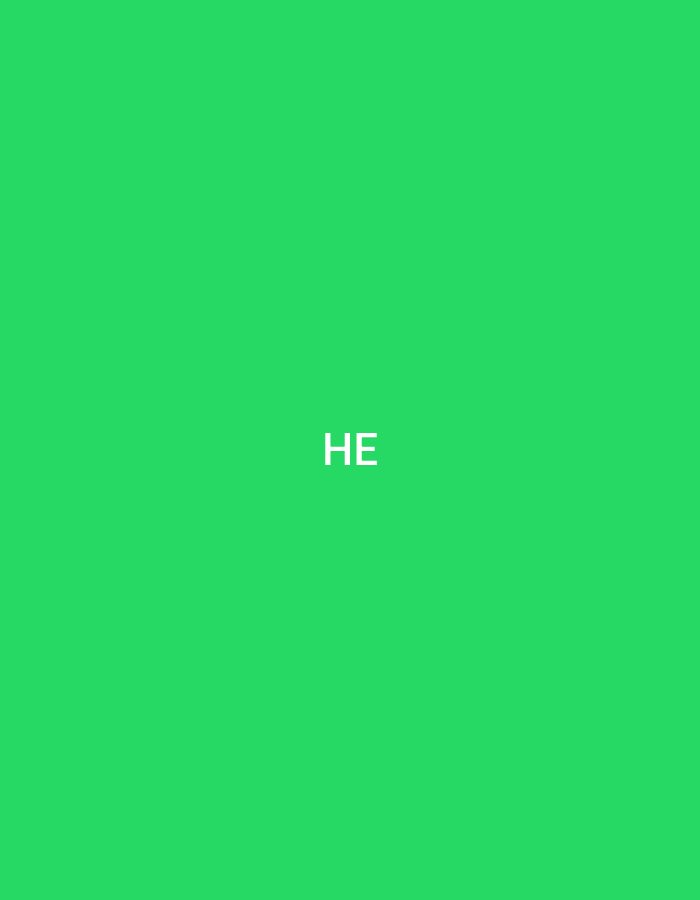The image displays a solid, uniform green background. Centered horizontally and vertically on this background are two uppercase, white, sans-serif letters: "HE." There are no other identifiable subjects, objects, or environmental details visible within the image frame. The scene is devoid of people, actions, or interactions, and provides no visual cues to suggest a specific geographical location, city, or country. The composition is minimalist and abstract, consisting solely of text on a monochrome background.