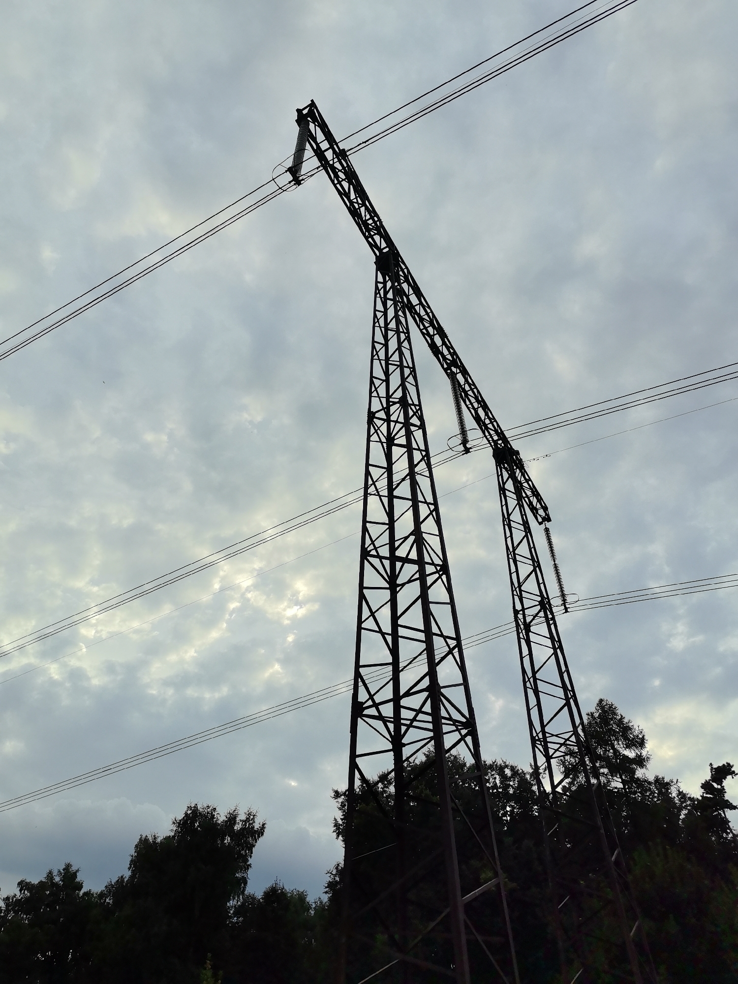The image depicts a power line pylon silhouetted against a cloudy sky. The pylon is a tall, metal lattice structure with multiple cables extending from its top. The sky is overcast with patches of lighter clouds suggesting diffused sunlight. Below the pylon, the dark silhouettes of trees are visible, indicating a natural or semi-natural environment on the ground. The specific location in the city of Krasnogorsk, Russia, is not discernible from the visual information alone. There are no people or animals present in the image, nor are there any ongoing actions or interactions. The scene is static and focuses on the infrastructure against the backdrop of the sky and vegetation.