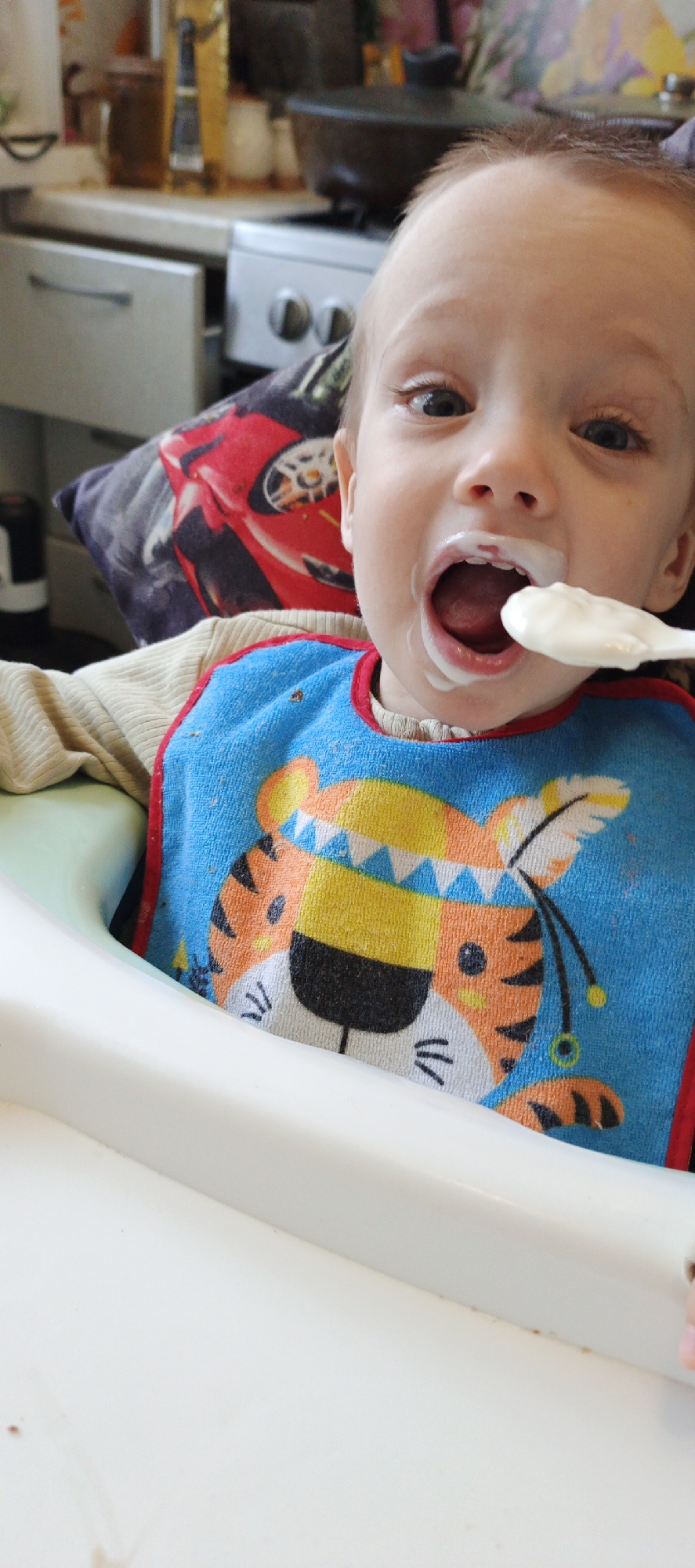 An eye-level, close-up photograph depicts a baby or toddler being fed in a high chair within a domestic setting, likely a kitchen or dining area, in Chaikovsky, Russia. The child, with light hair and alert blue eyes, is wearing a light beige ribbed long-sleeved top and a blue bib featuring a cartoon tiger design, complete with a feather and tribal-style headpiece. Their mouth is wide open, already smeared with white food, while a white spoon holding more of the same food is being offered, capturing a moment during a messy but engaged feeding session.
The baby sits in a white high chair with a light green insert. Behind the child, a dark pillow with a red sports car graphic is visible. The background reveals kitchen elements: light-colored cabinets, a stove with dark pots, and various bottles and containers on a countertop, consistent with a residential environment. The baby looks directly at the camera with an eager and anticipatory expression during the meal. No visible text is present in the image.