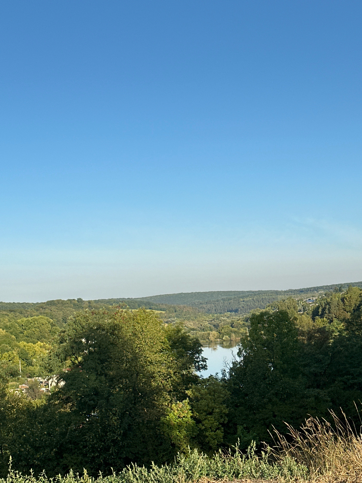 This is a landscape photograph taken in Makiv, Ukraine, showcasing a serene natural environment under a clear blue sky. The scene is dominated by lush green foliage, with a variety of trees and vegetation filling the foreground and extending into the middle ground. A body of water, possibly a lake or a wide river, is visible in the distance, reflecting the sky. Rolling hills and more dense forests form the backdrop, creating a sense of depth and vastness. The overall impression is one of tranquility and natural beauty.